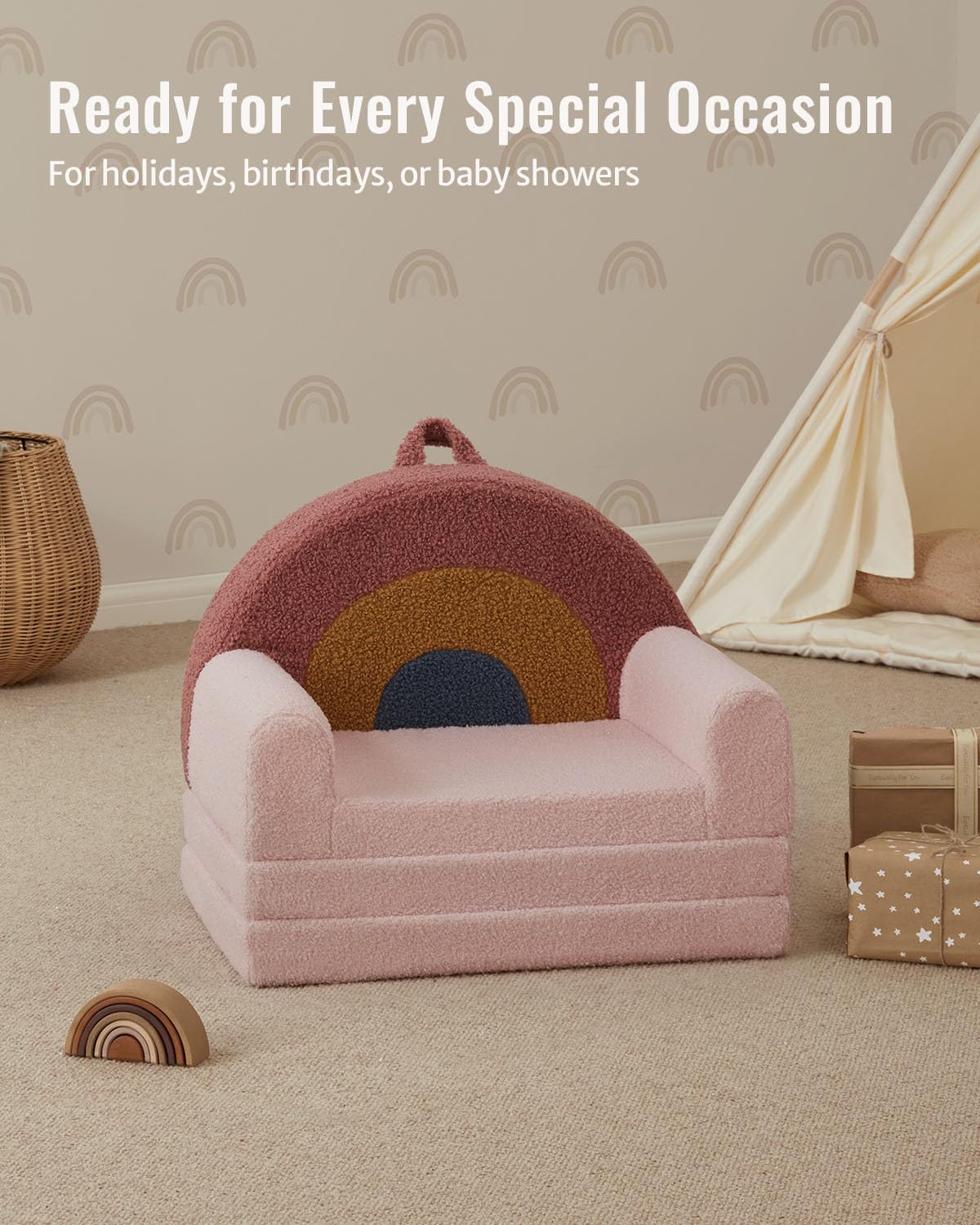 Blissful Diary Foldable Toddler Couch, 2-in-1 Comfy Toddler Chair & Lounger for Reading, Playroom, Kids Couch Sofa for Girls Boys Birthday Gift, Blush Rainbow