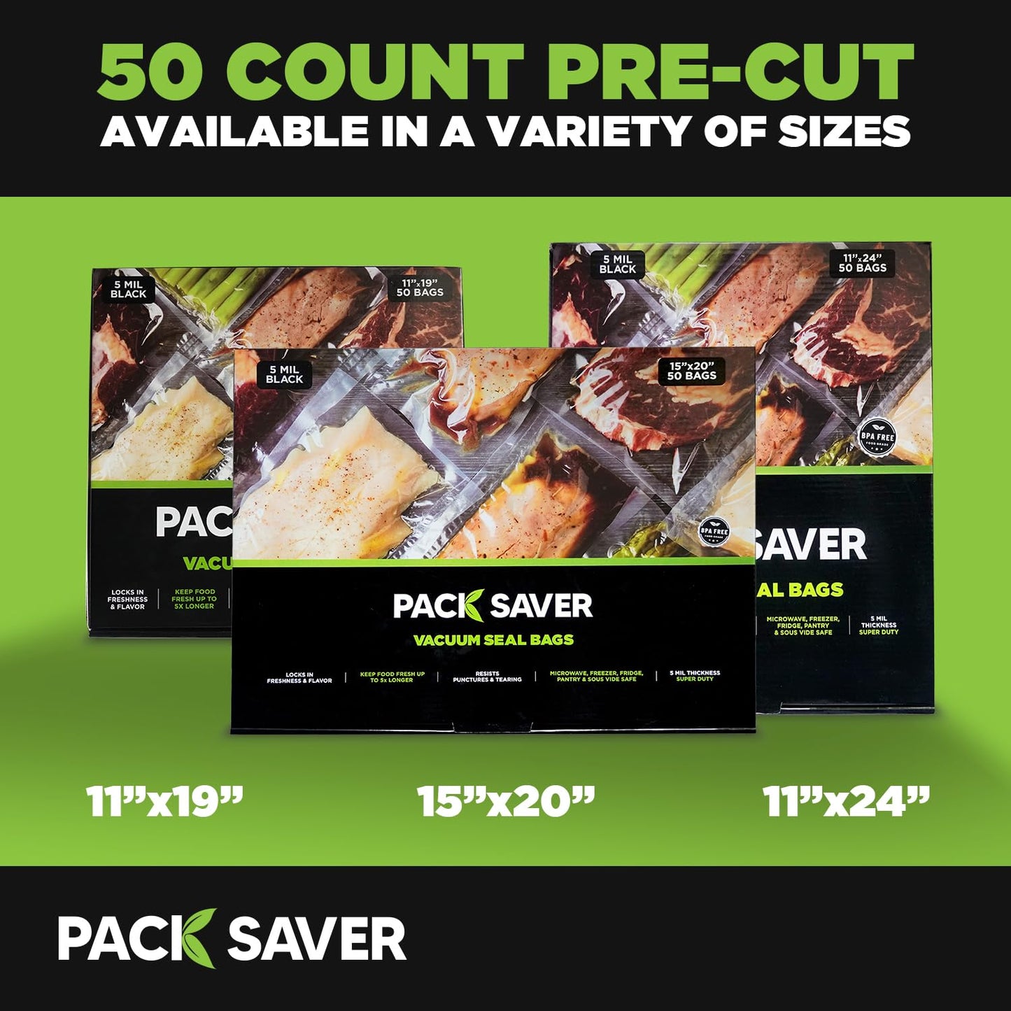 Pack Saver Vacuum Sealer Bags 50 Pack - 11"x19" Heavy Duty Pre-Cut Food Storage Bags for Food Saver, Meal Prep, Sous Vide - Commercial Grade BPA Free (Clear & Black)