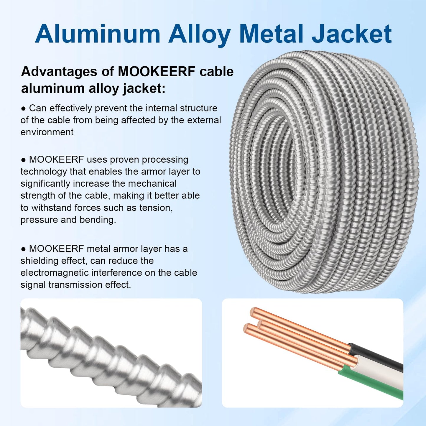 10/2 MC Cable with Ground - 50FT Pure Copper 10AWG/2 Metal Clad Wire with Aluminum Armor 10 Gauge 2 Conductor Type MC Alum Cable