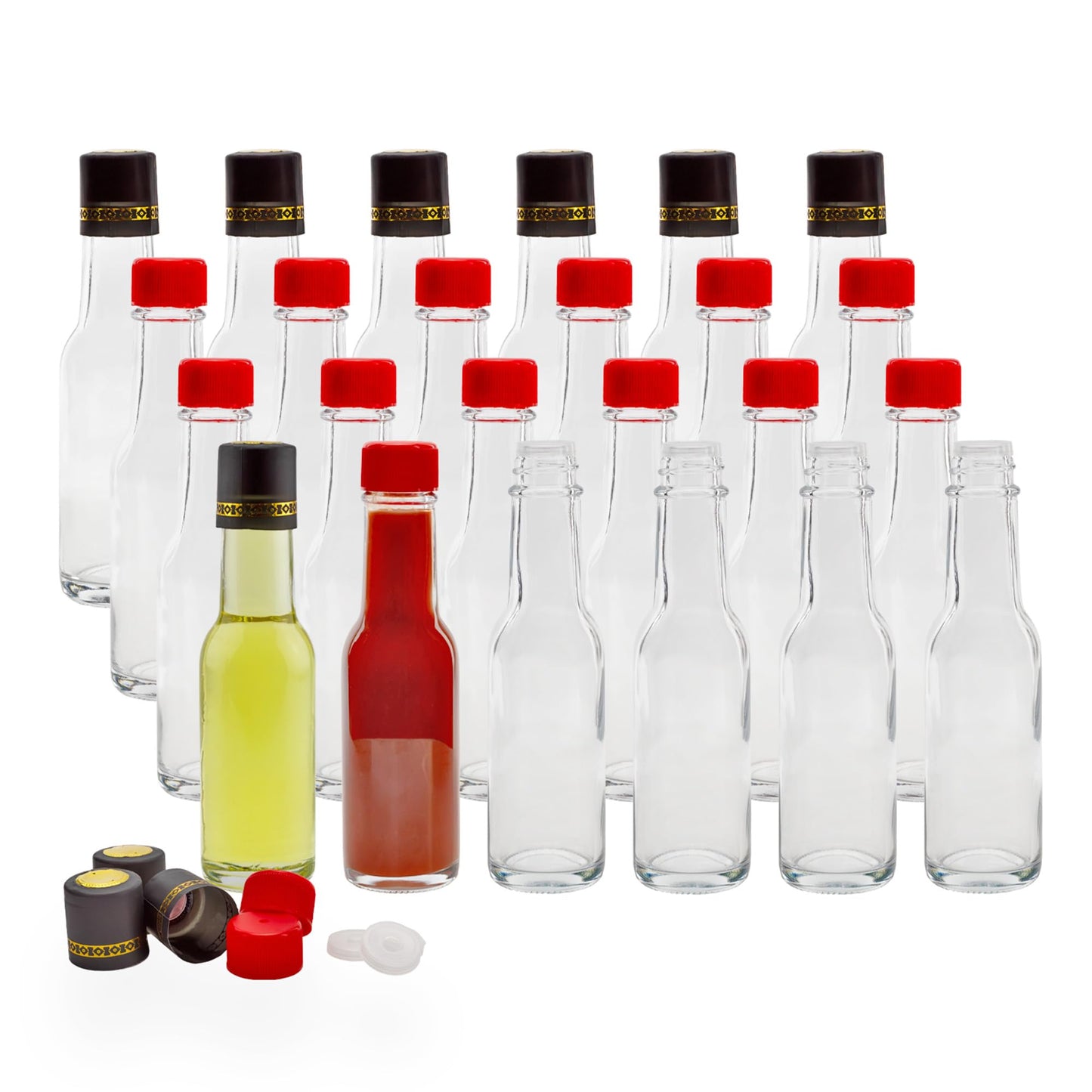 Cornucopia 3oz Mini Hot Sauce Bottles (24-Pack); Little Sauce Bottles w/Red Caps, Dripper Inserts, and Black Shrink Bands