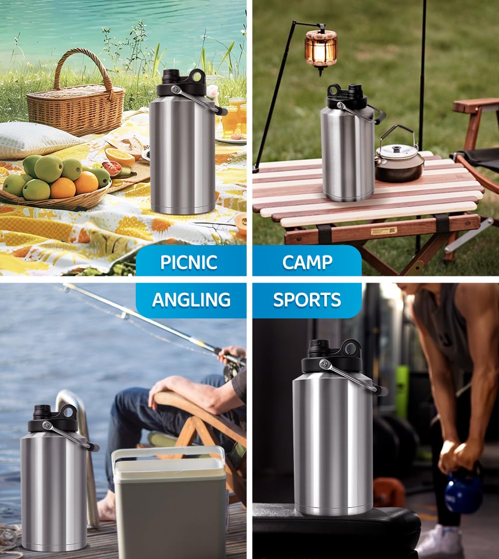 GAGANIU Insulated Water Bottle, 1 Gallon Jug with Handle, 128 oz Stainless Steel Large Water Bottle Wide Mouth Double Vacuum for Hot & Cold Drinks, Stainless Steel