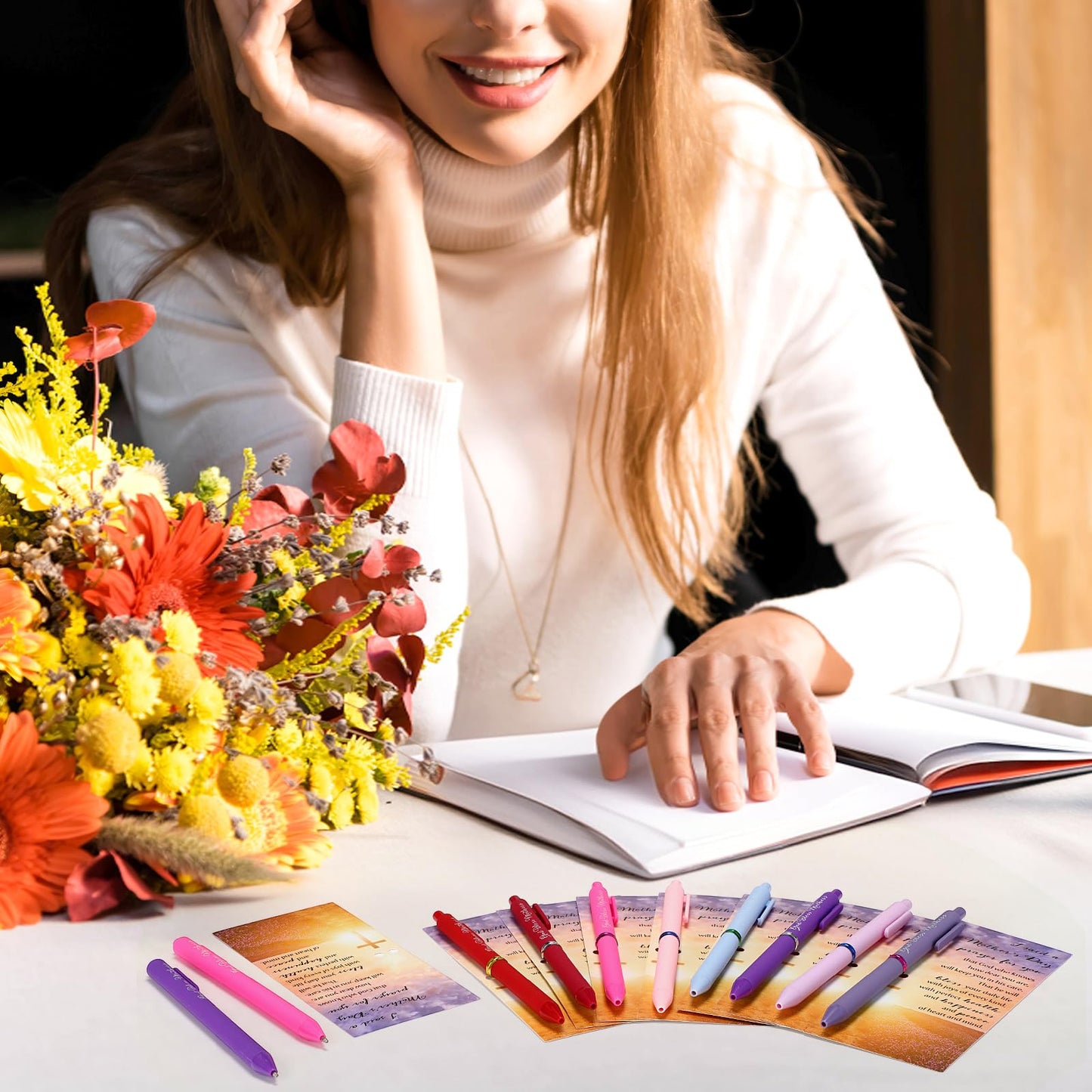 Eersida 100 Sets Mothers Day Gifts for Church Bulk God Bless Mothers Day Pens 8 Colors Christian Pens Bible Verse Ballpoint Religious Gift Cards Christian Cards with Ties for Church Birthday