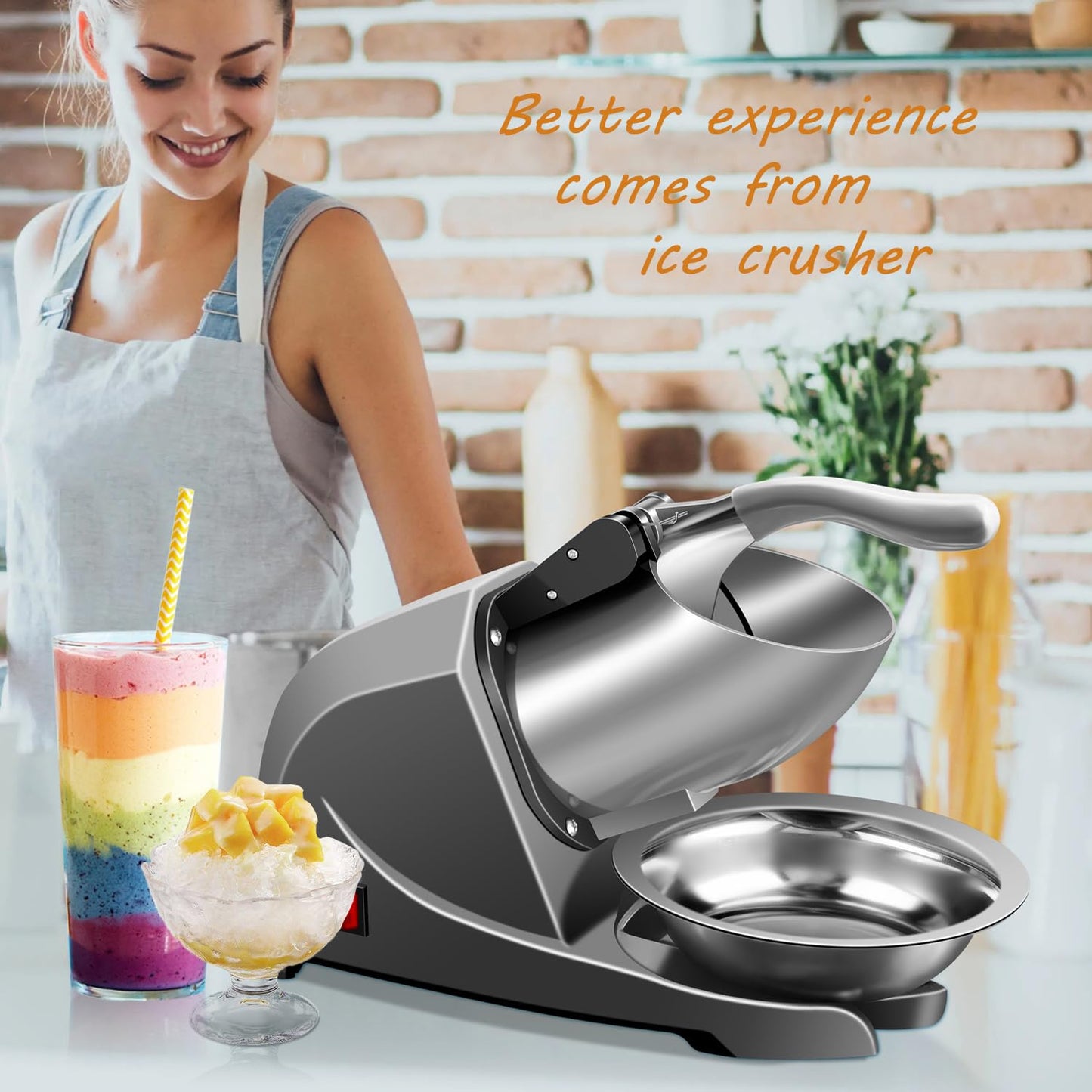 INSELY 4-Blade Ice Shaver Snow Cone Maker Prevent Splash Stainless Steel ice Crusher Machine,200lbs/hr with ice Tray for Home and Commercial Use(Silver)