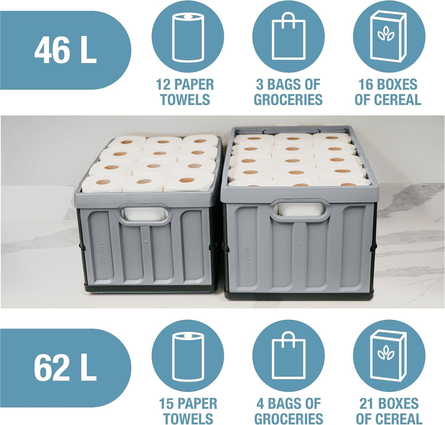 CleverMade Collapsible Storage Bins with Lids, 62L – Heavy Duty Foldable Plastic Storage Crates for Garage, Closet & Trunk Organization - Stone
