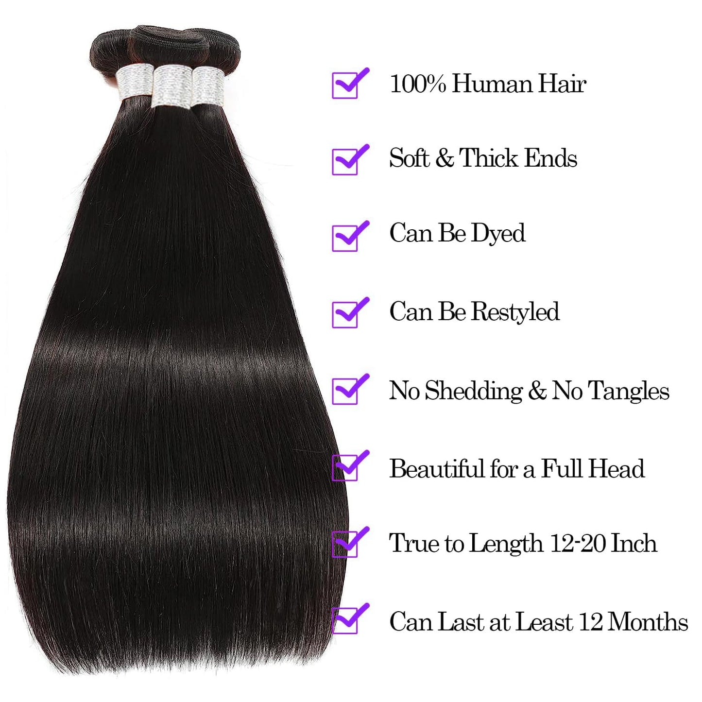 12A Human Hair Bundles 18 20 22 Inch Straight Bundles Human Hair 100% Unprocessed Brazilian Virgin Hair Natural Color Straight Hair Extensions for Women