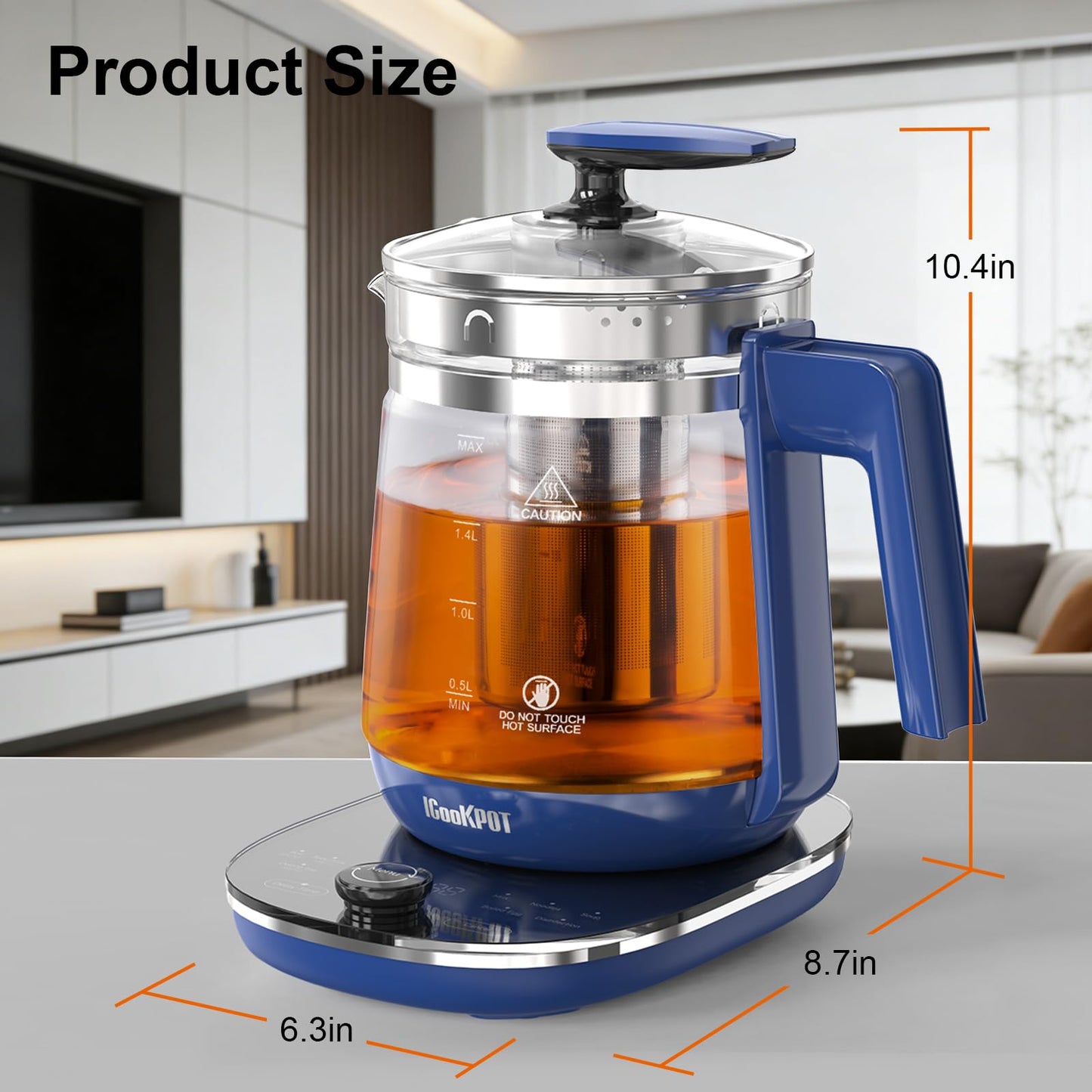ICOOKPOT 1200w Electric Kettle, 1.5L Borosilicate Glass tea kettle, Hot water kettle electric for Coffee or Tea, BPA Free, Auto Shut-Off, Stainless Steel, Fast Boil, Blue