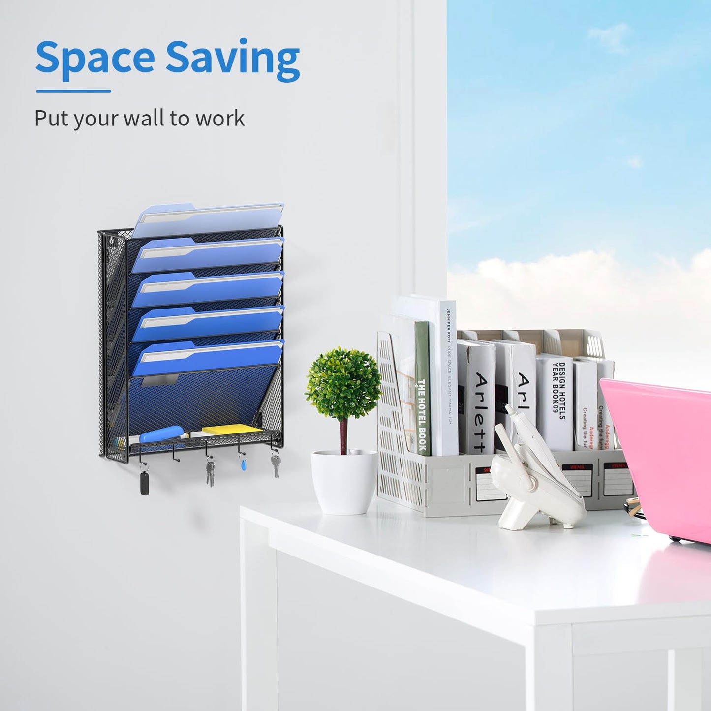 OUTWOLF Hanging Wall File Organizer with Hooks, 6 Tier Vertical Wall Mount File Holder, Paper Document Mail Organizer for Office, Pack of 2