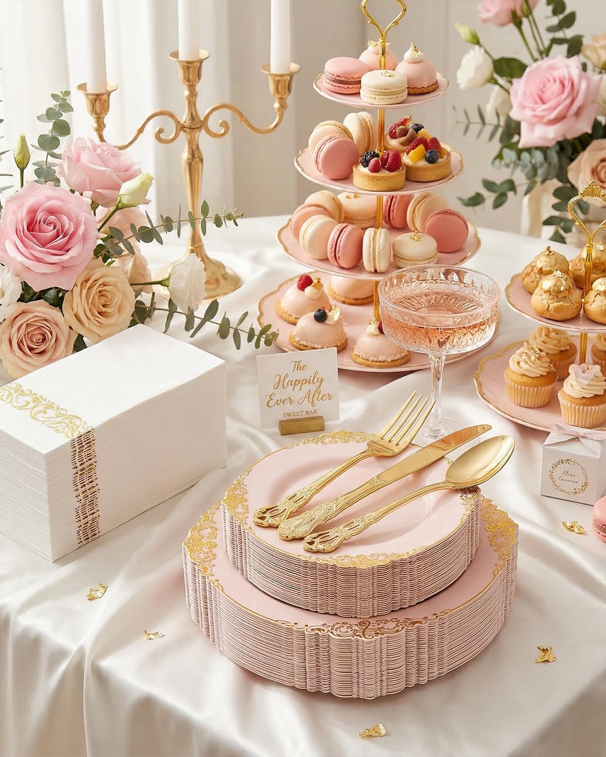 Ciaell 300PCS Pink and Gold Plastic Plates - Pink Disposable Dinnerware Sets for 50 Guests - 100 Plates, 50 Knives, 50 Forks, 50 Spoons, and 50 Napkins for Wedding, Party