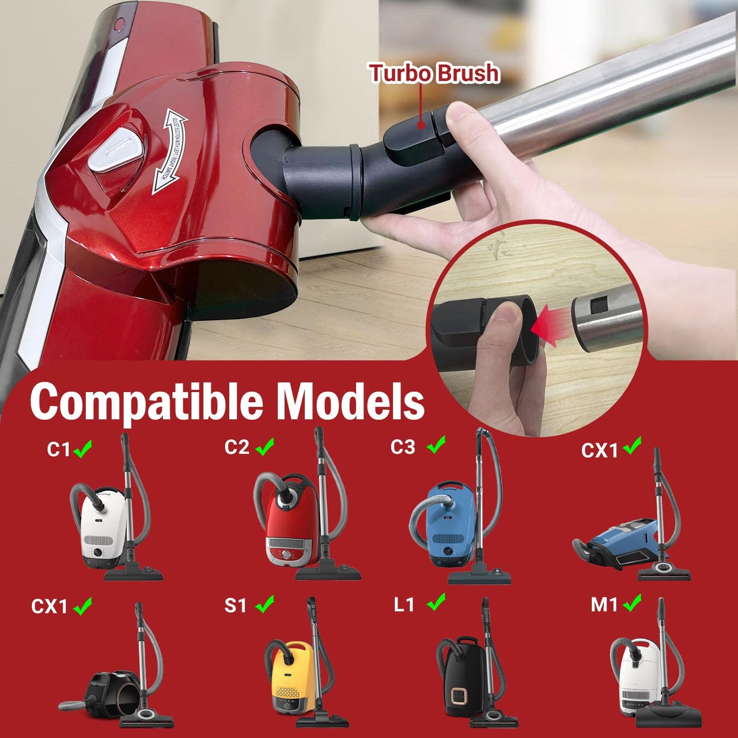 EZ SPARES Turbo Brush Head Compatiable with Mie C1 C2 C3 Vacuum Cleaner Brush Head 35mm 1 3/8 Inch,Particularly Suitable for Carpet Use, Built-in Roller for Enhanced Suction Power(Red)