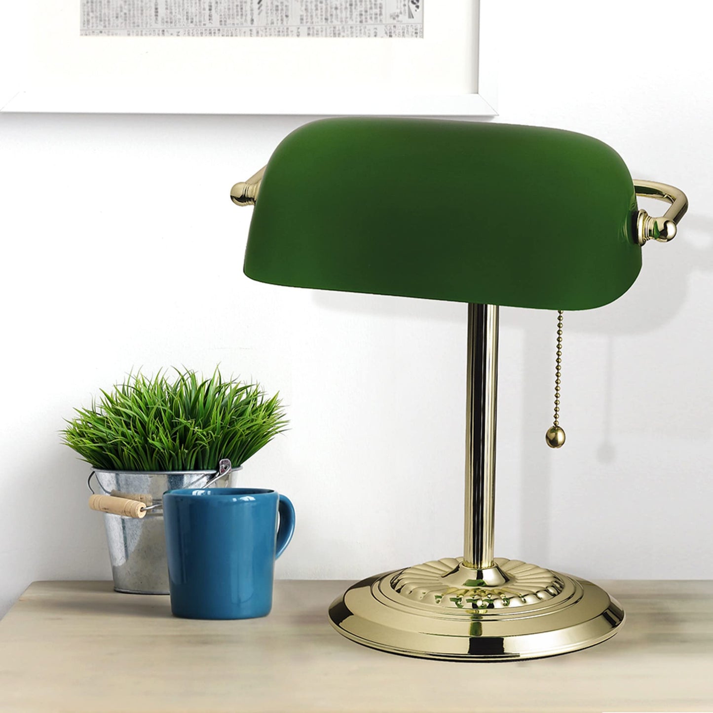 Catalina Lighting 17466-017 13.5'' Traditional Banker's Lamp Light Fixture with Green Glass Cylinder Shade for Office, Library, Living Room, or Dorm, Polished Brass