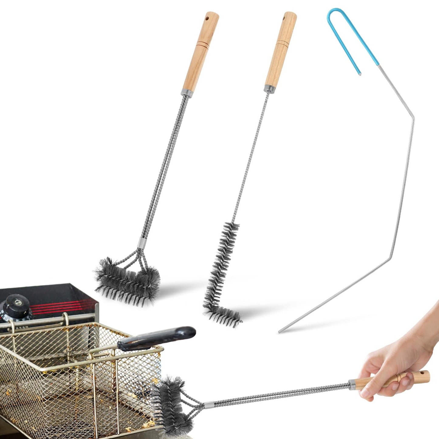 3 pcs Stainless Steel Fryer Cleaning Tools, Including L-Shaped Fryer Cleaning Brush Kitchen Fryer Cleanout Rod Long Handle Deep Fryer Basket Cleaning Brush Kitchen Restaurant Accessories