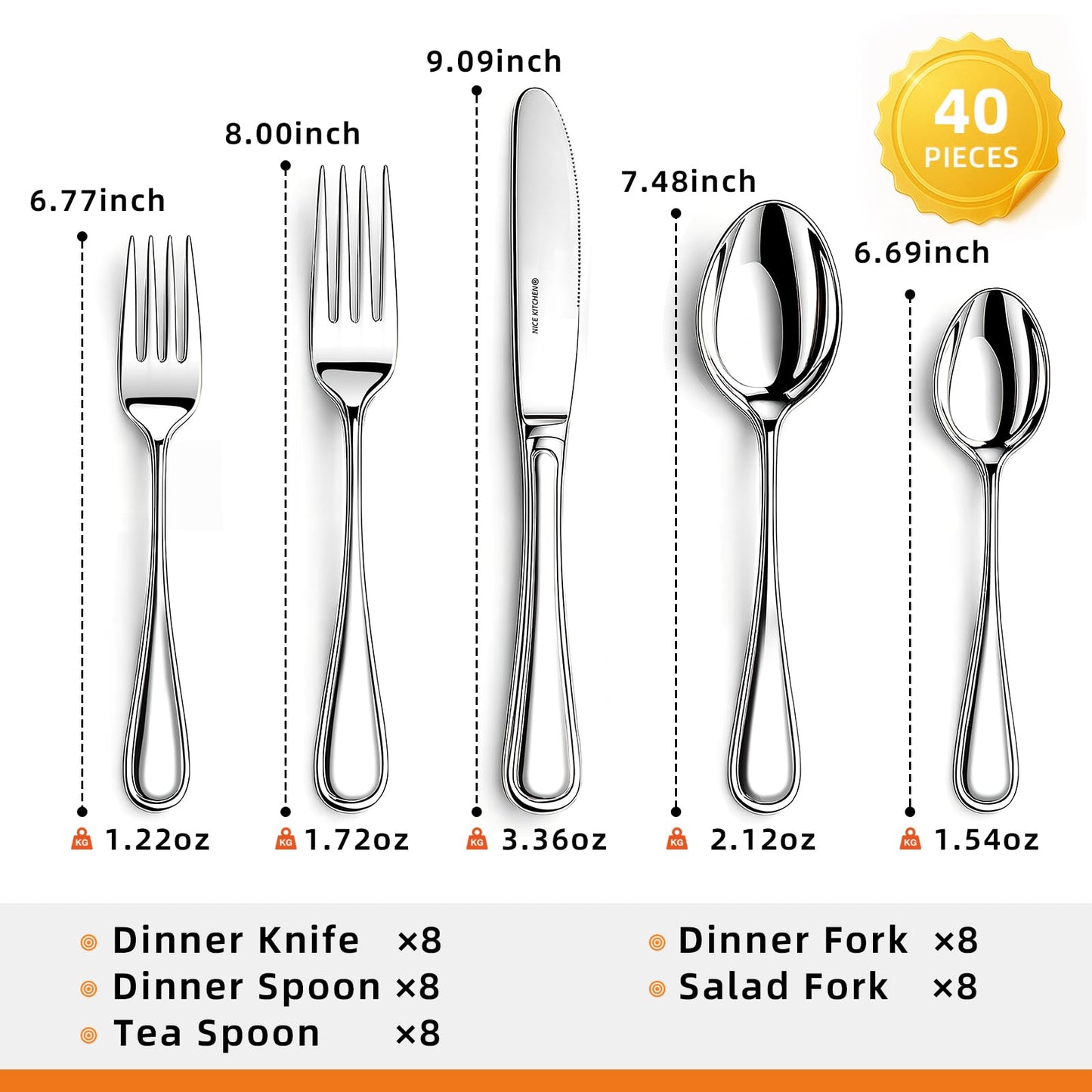 NICE KITCHEN Silverware Set for 8,40 Piece Heavy Duty Stainless Steel Flatware Set - Mirror Polished Cutlery Set,Dishwasher Safe Utensil Set with Knives Forks Spoons,Luster Series
