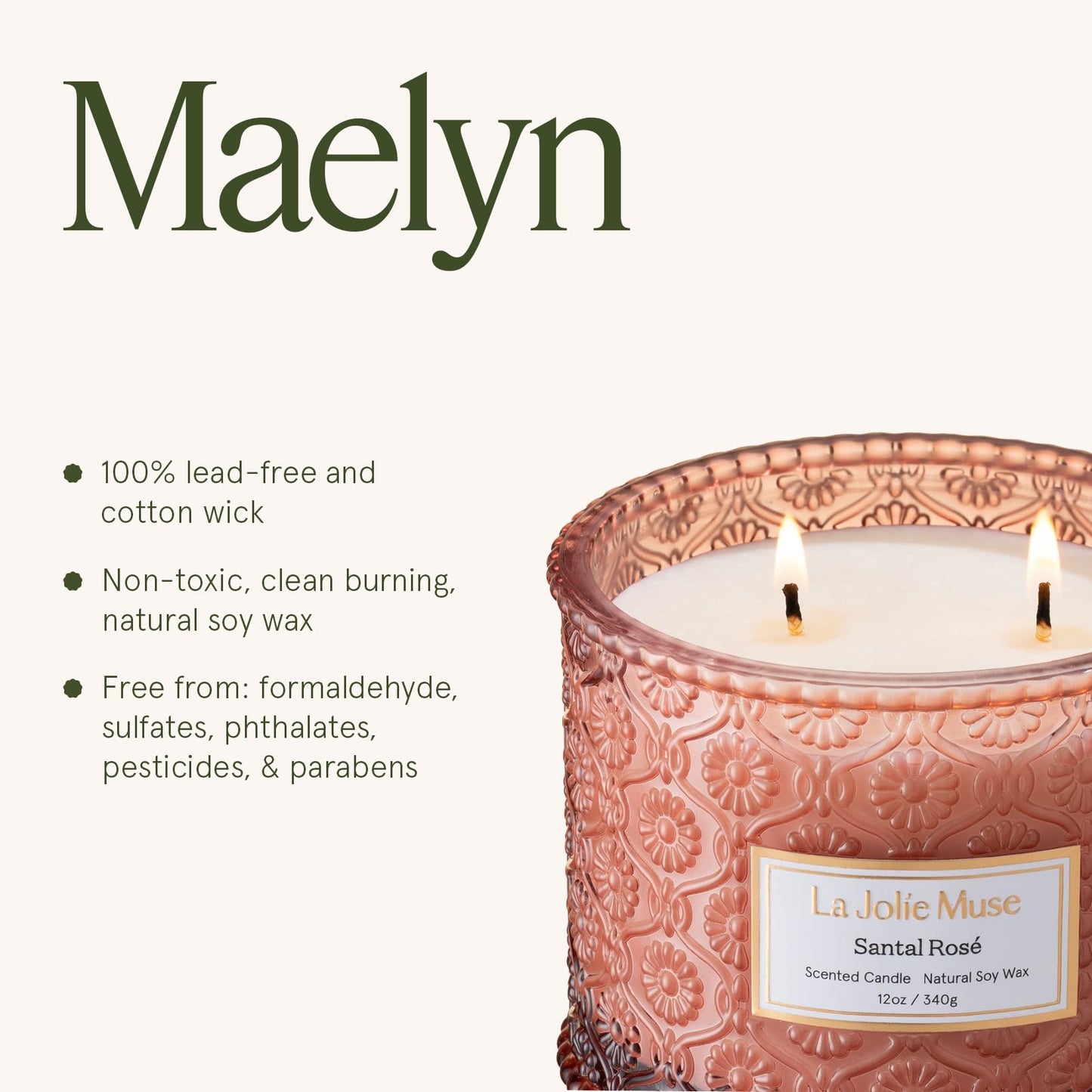 LA JOLIE MUSE Santal Rosé Candle - Saffron, Rose, Patchouli | 12 oz Large 2-Wick Soy Wax Candle | 60 Hours Clean Burn | Gift-Ready for Hosts & Gatherings | Elegant Home Décor