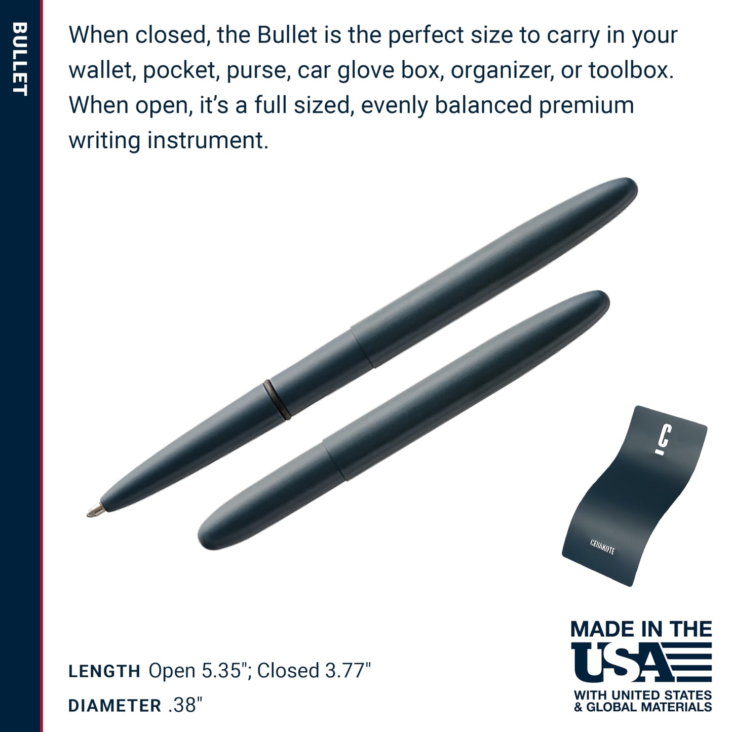Fisher Space Pen Elite Navy Blue Cerakote Finish Bullet Pen, Pressurized Ballpoint Pen, Compact Size, Writes Upside Down, Extreme Temperatures, Black Ink, Medium Point, Made in the USA