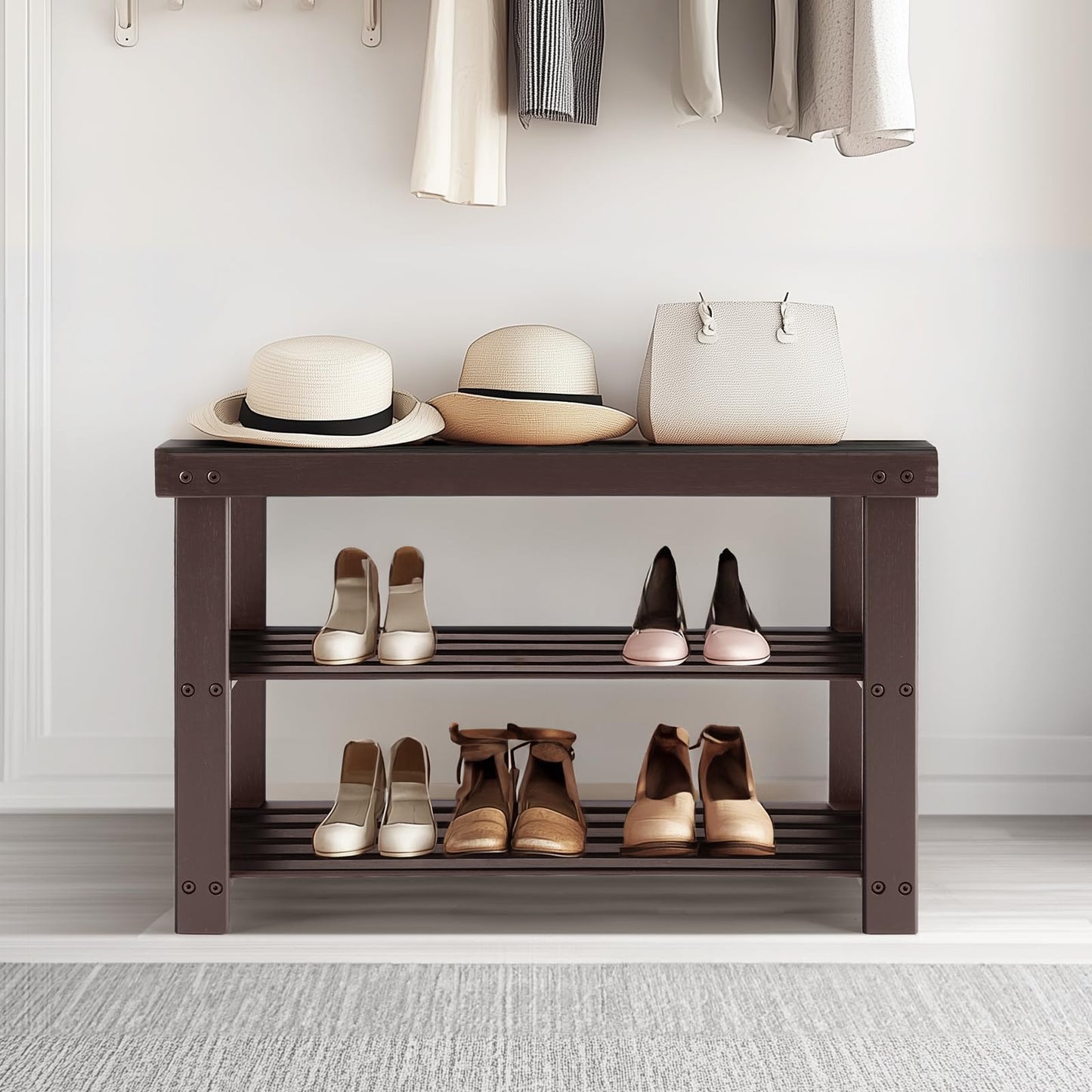Sweetcrispy 3-Tier Shoe Rack Bench, Bamboo Entryway Storage Organizer, Shoes Stand for FrontDoor Entrance, Bedroom, Living Room, 286lb Capacity, 11.3 x 27.6 x 17.8 Inches, Chestnut