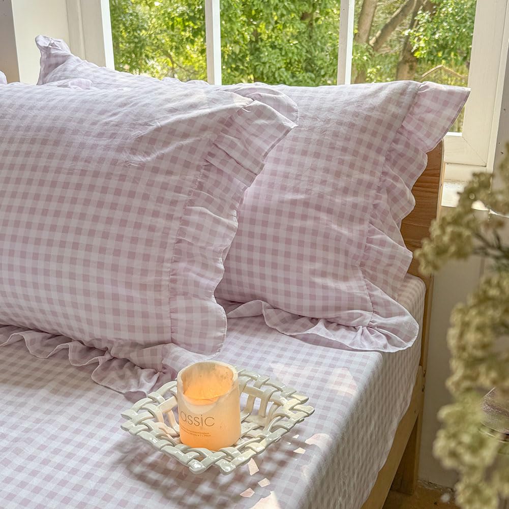 NSNLGSGC Pink Gingham Ruffle Queen Sheet Set, Pink Soft Pre-Washed Microfiber Plaid Queen Bed Sheets, 4-Pieces Farmhouse Sheet Set with Deep Pocket