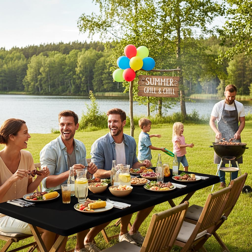 Smiry 6 Pack Rectangle Picnic Table Cloth, Waterproof Elastic Fitted Tablecloths, Washable Polyester Rectangular Patio Table Cover for Camping, Indoor and Outdoor (Black, 30"x72")