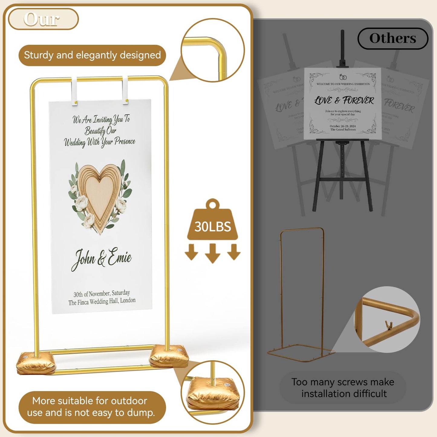 ReePlan Wedding Welcome Sign Stand 68 x 31 x 20 Inch Adjustable Wedding Sign Holder with 8 Leather and Water Bags Heavy Duty Easel for Poster, Baby Bridal Shower, Bridal Shower, Seating Chart, Gold