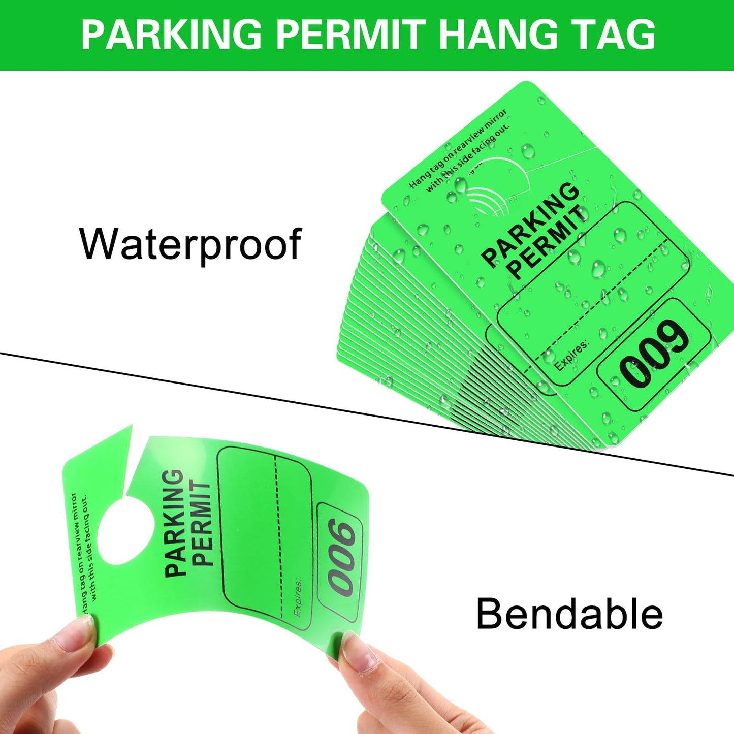 Gersoniel 500 Pack Parking Permit Hang Tag Plastic Parking Placards Numbered 001-500 PVC Hang Tag 3 x 5 Inch for Car Rear View Mirror(Green)