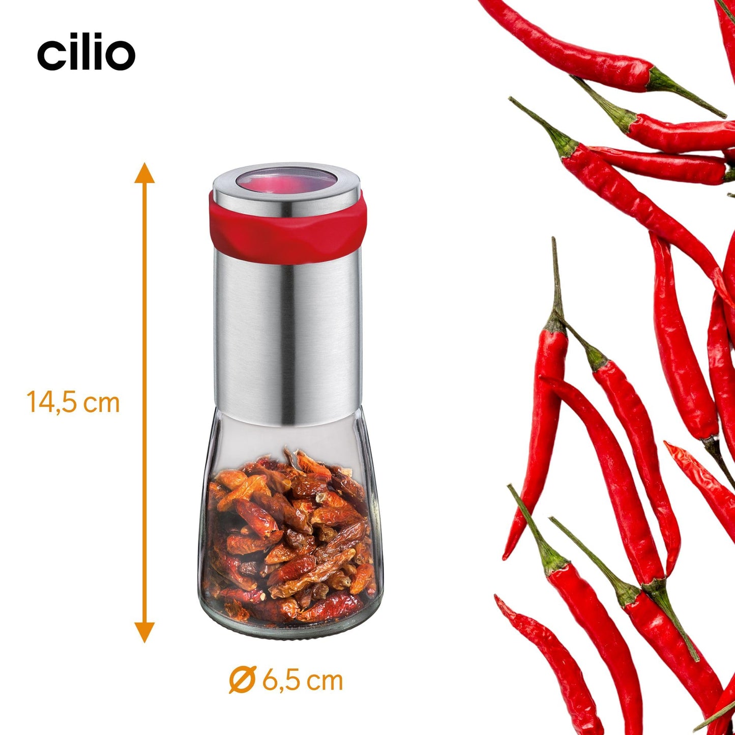 Cilio Piccante Premium Chili Pepper Mill, 2.75"D x 7" H, Stainless Steel/Glass