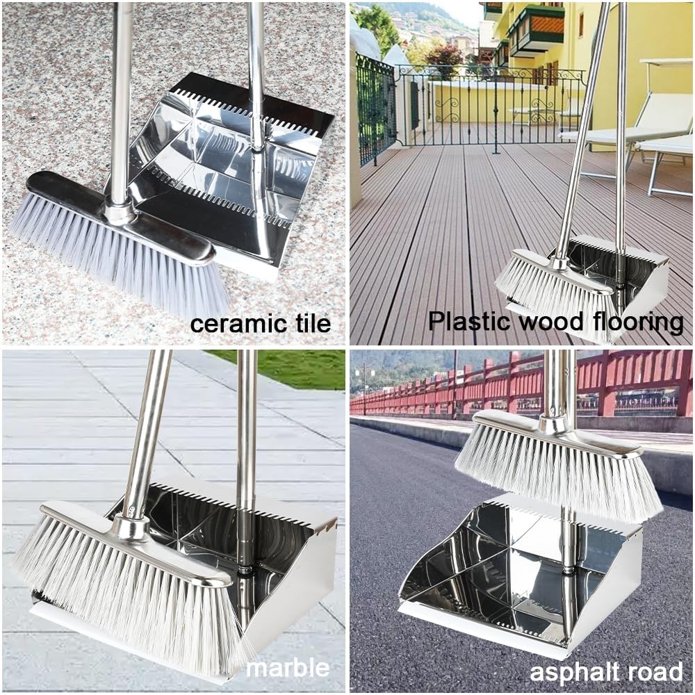Metal Dustpan with Broom Set, Long Handle Stainless Steel Dustpan,Heavy Duty Standing Dust Pan with Teeth, Indoor Outdoor Up for Home Kitchen Lobby Room Office