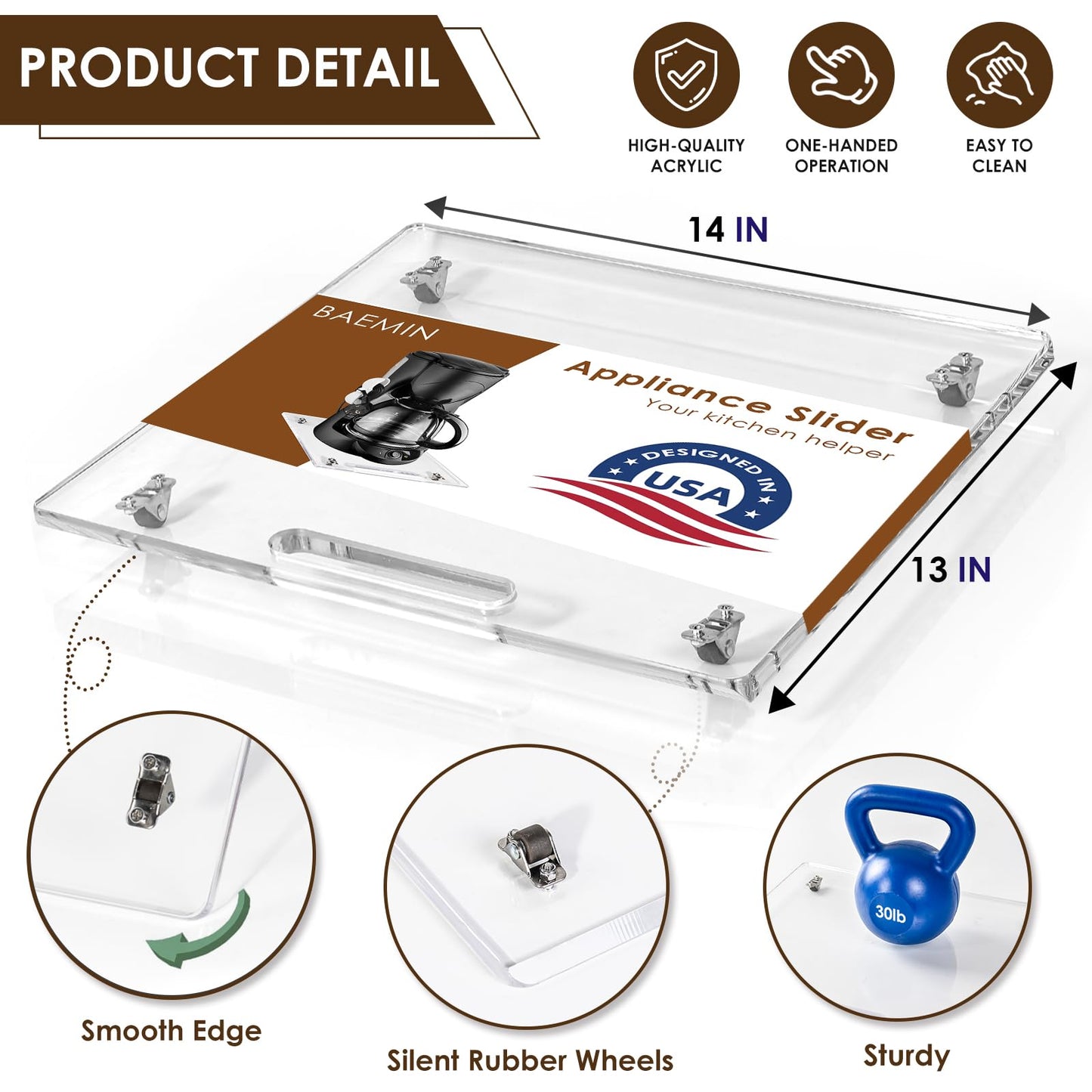 Baemin Acrylic Appliance Slider with Rubber Wheels, Sliding Tray for Heavy Kitchen Appliances, Coffee Maker Slider Tray for Counter, Countertop Moving Tray Accessories for Kitchen - 13" x 14" (Clear)