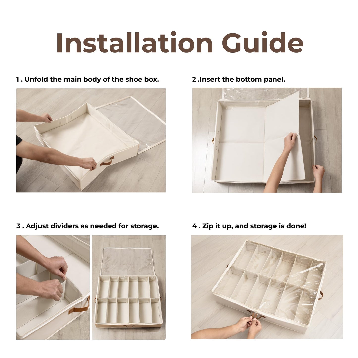 StorageWorks Underbed Shoe Storage Organizer for Closet, 2-Pack Under Bed Shoe Organizer with Bottom Support and Adjustable Dividers, Fits up to 24 Pairs, Beige