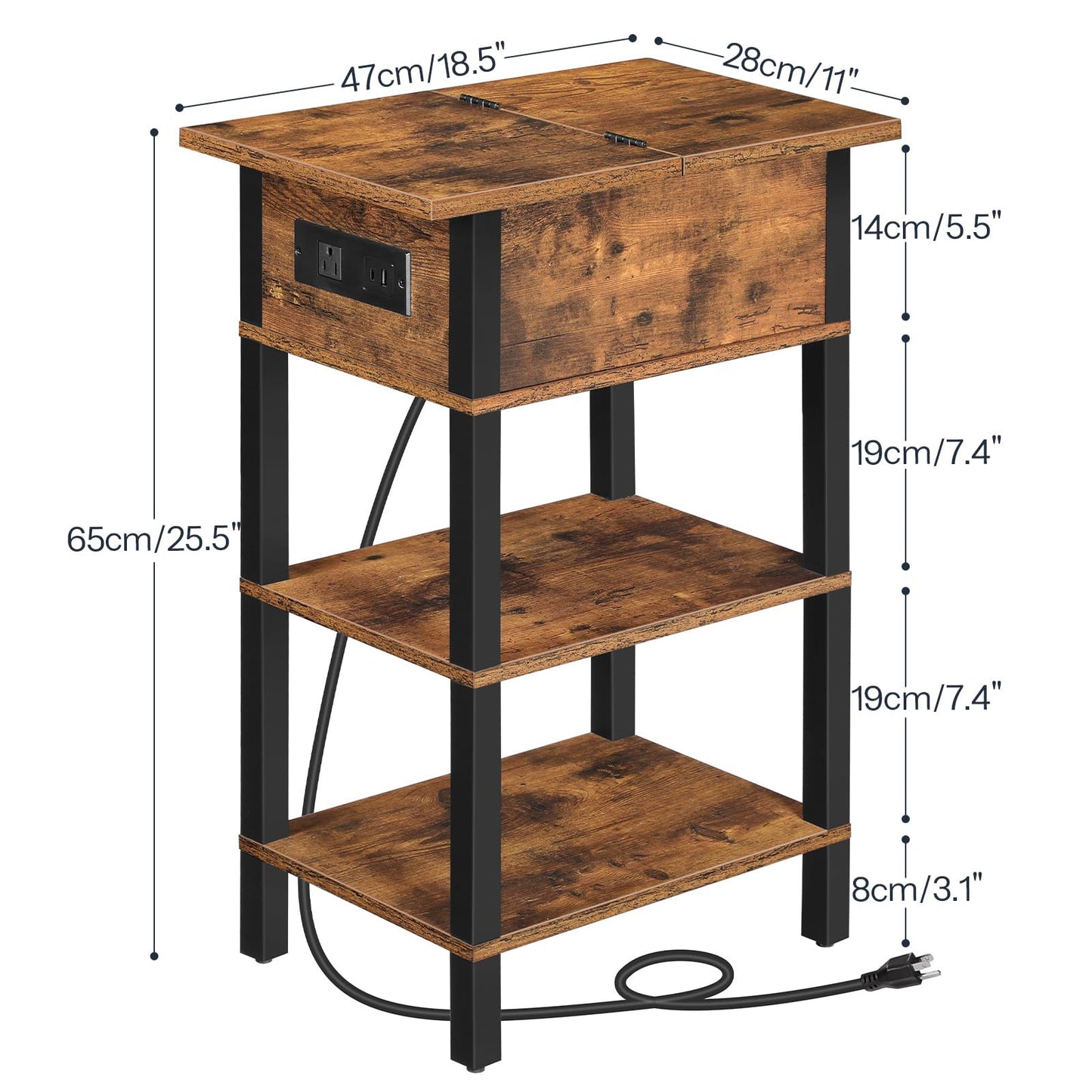 HOOBRO End Table with Charging Station, Flip Top Side Table with USB Ports, Narrow Nightstand Bedside Tables with Storage Shelves, for Small Space, Living Room, Rustic Brown and Black BF141UBZ01