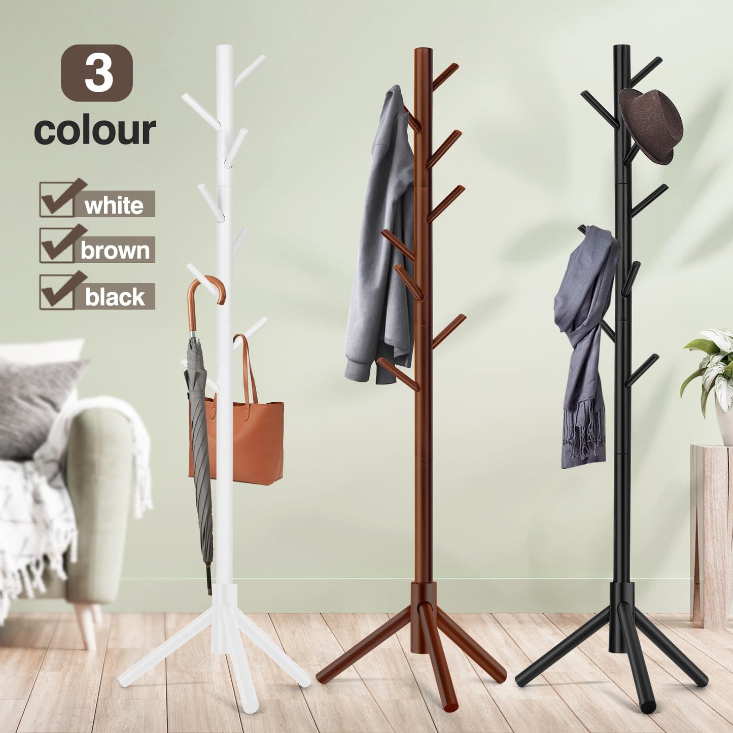 WANGMUXIA 2 PCS Coat Rack, Freestanding Coat Rack with 8 Hooks and 3 Adjustable Size Tree Coat Racks for Bedroom, Hallway, Entrance, Office, for Hats, Coats, Scarves, Handbags