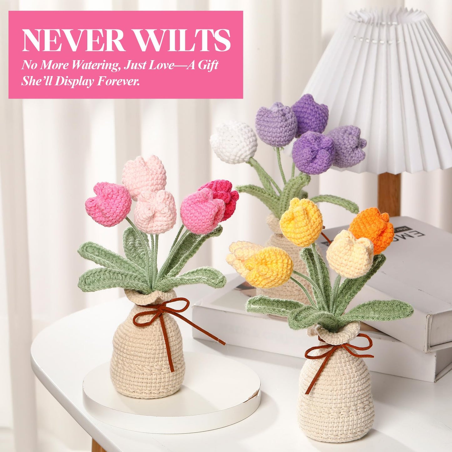 Marsui Crochet Knitting Tulip Bouquet with Vase 7" Knitted Artificial Forever Tulip Handmade Woven Flower with Exquisite Pot Gift for Father's Gifts Back to School Gift Family Home Desk Decor(Pink)