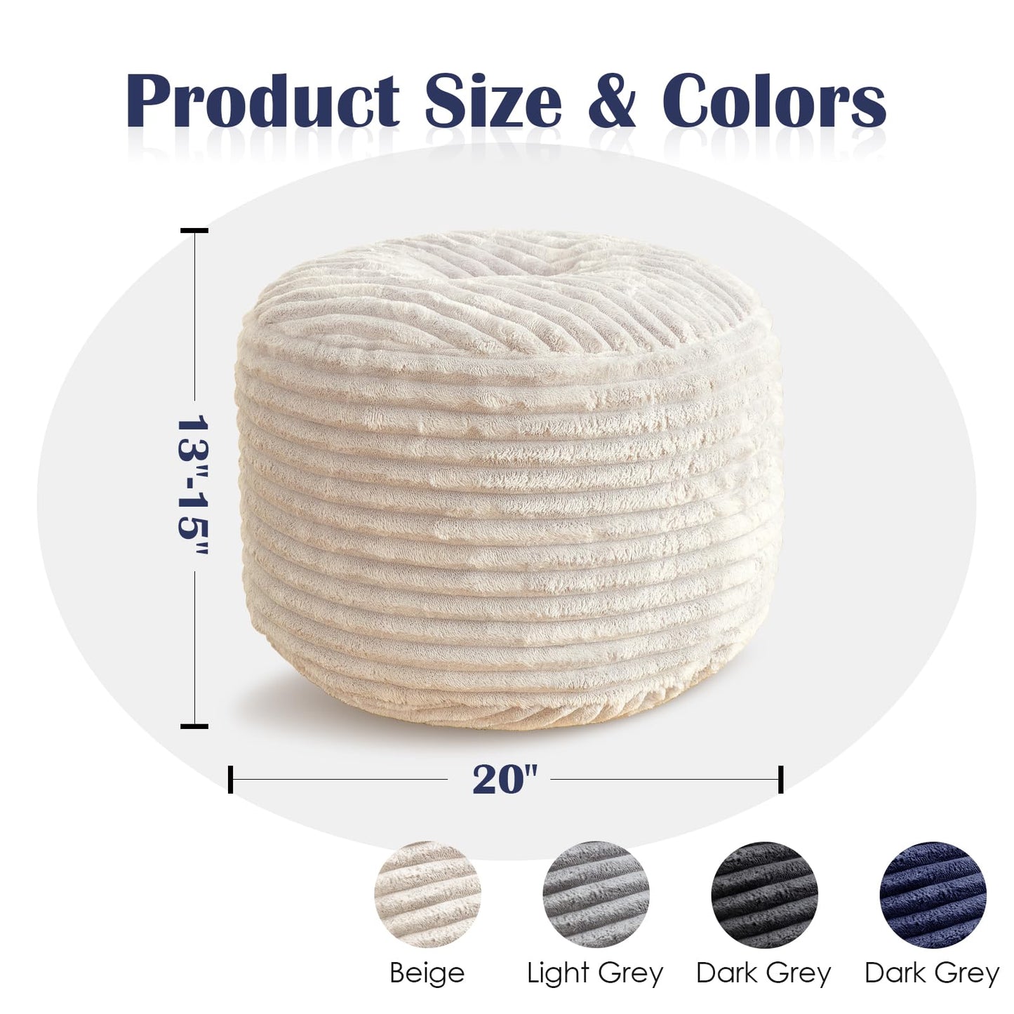 SHOUREN Stuffed Round Ottoman,Corduroy Pouf Ottoman Foot Rest with Foam Filling,Pouf Storage Ottoman Footstool for Living Room,20 X 15 Floor Poufs for Couch - 20 X 15 Inches,Beige