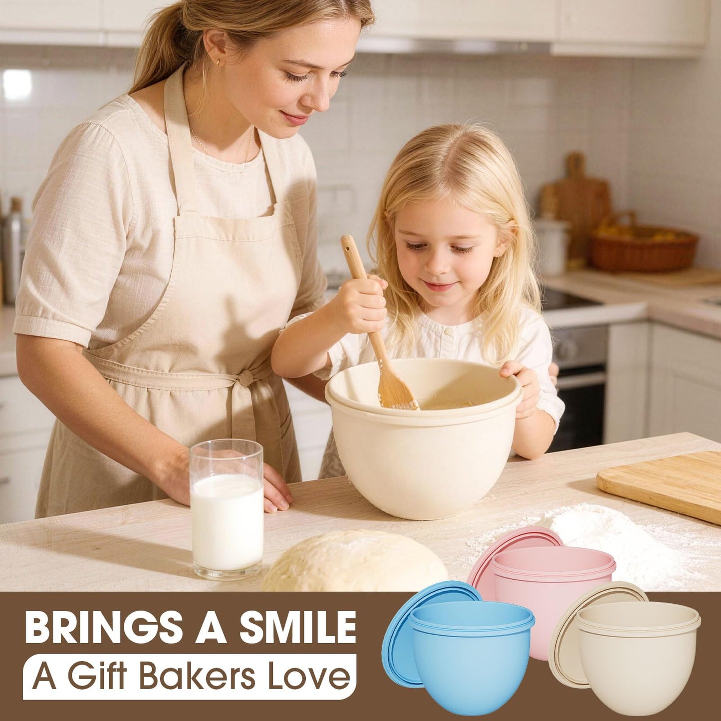 Snuggery 3Pcs 5QT Silicone Bowl Liner for KitchenAid Tilt-Head Stand Mixers – Food-Grade Silicone Insert with Sealable Lid, Vent Holes & ml Markings – Heat-Resistant, Stackable Design