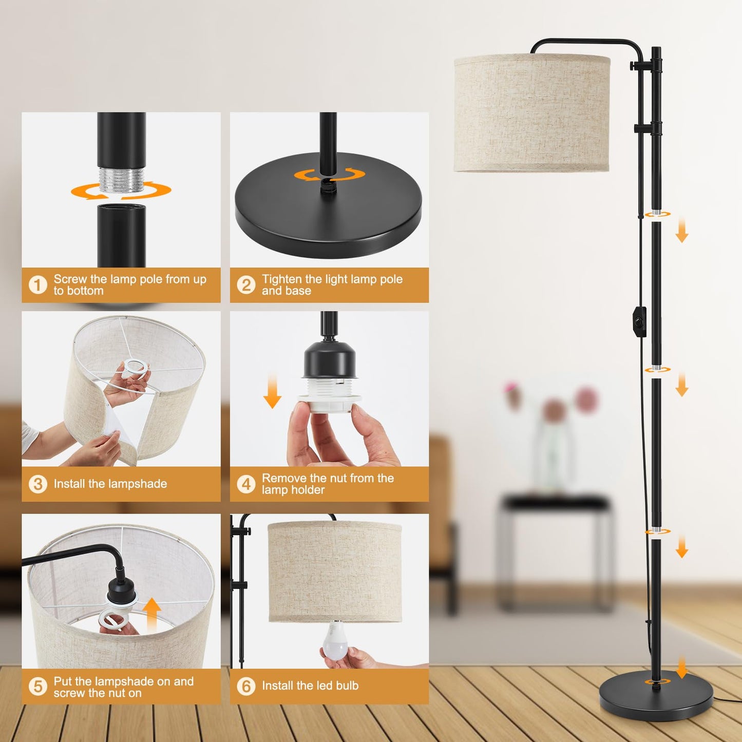GyroVu Floor Lamp for Living Room, Adjustable Height Standing Lamps with 350ยฐ Rotate Beige Lampshade, 67.5-Inch Modern Tall Lamp Dimmable Floor Lamps for Corner Bedroom Home Office (Bulb Included)