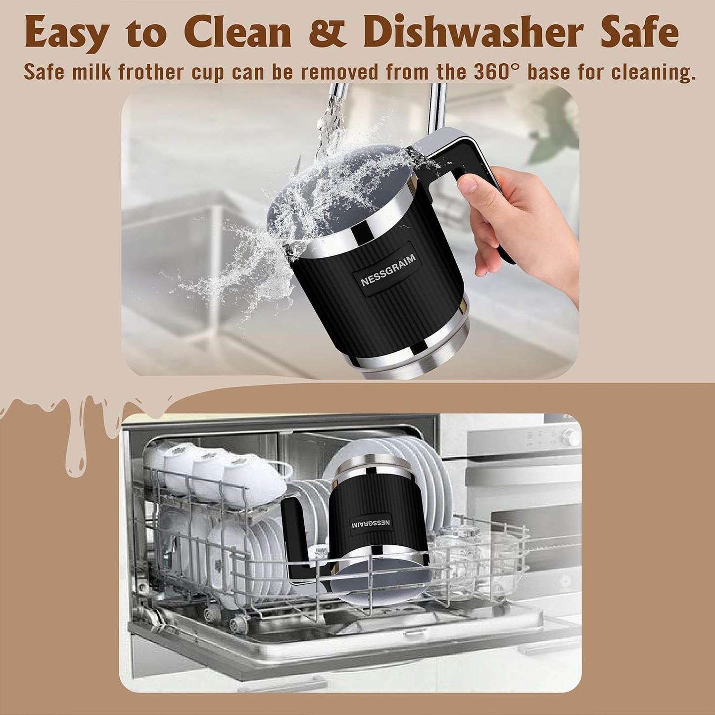 NESSGRAIM 5-in-1 Electric Milk Frother, Automatic Milk Frother & Steamer for Hot & Cold Foam, Large Capacity Milk Warmer for Latte Cappuccino, Hot Chocolate Maker, Dishwasher Safe (Black)