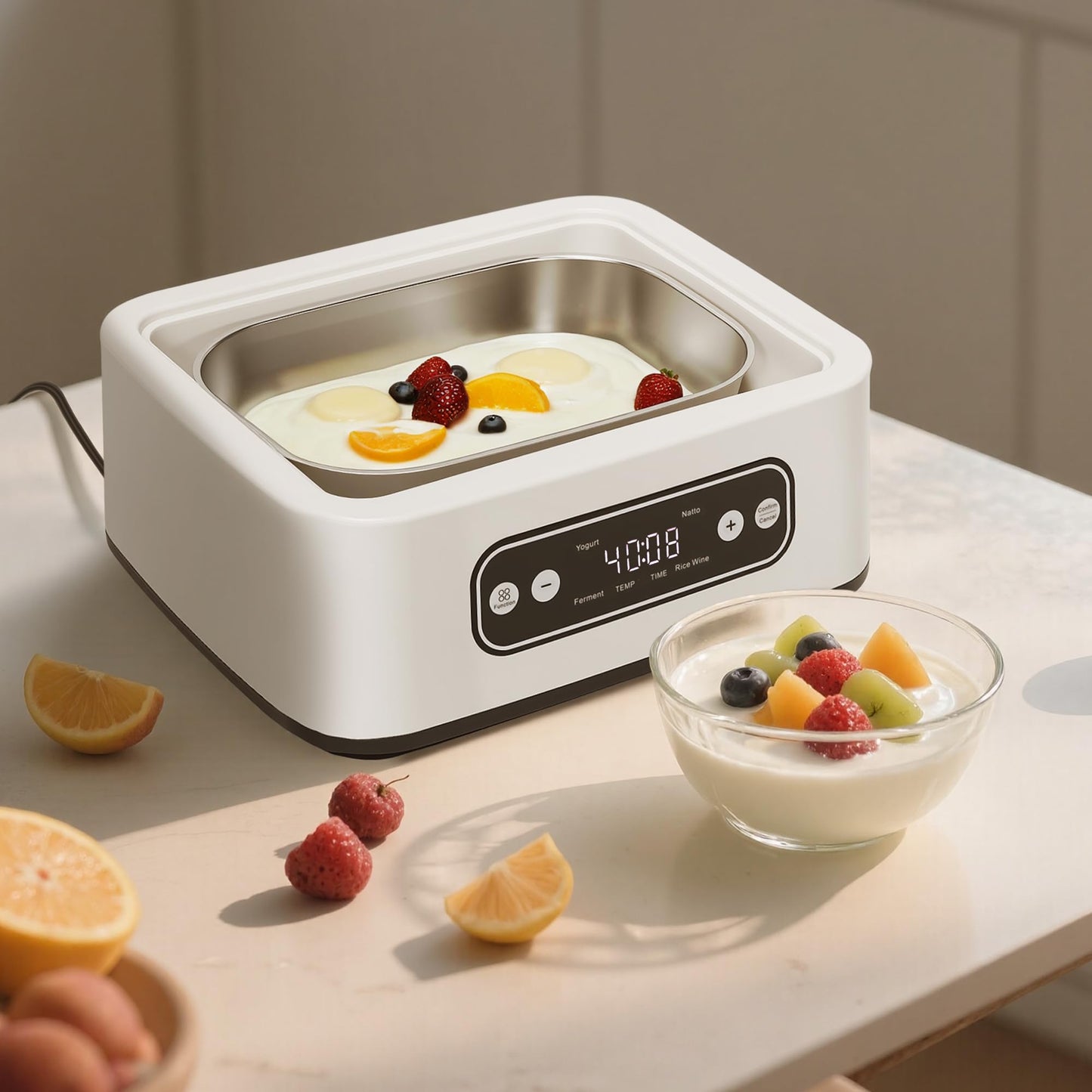 1.7-Quart Yogurt Maker with Adjust Temp(21ยฐC-48ยฐC/70ยฐF-118ยฐF) & Time(1-99h),110V-240V Auto-adaptive,Steel Inner Pot,BPA-free,Celsius Increment,Real-Time Countdown LED Display (Addition 9 Jars)