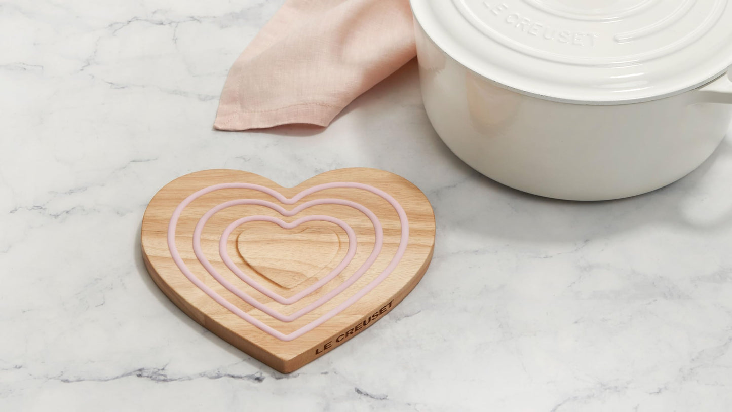 Le Creuset Magnetic Wood Trivet Heart Shaped, 8", Pink Silicone