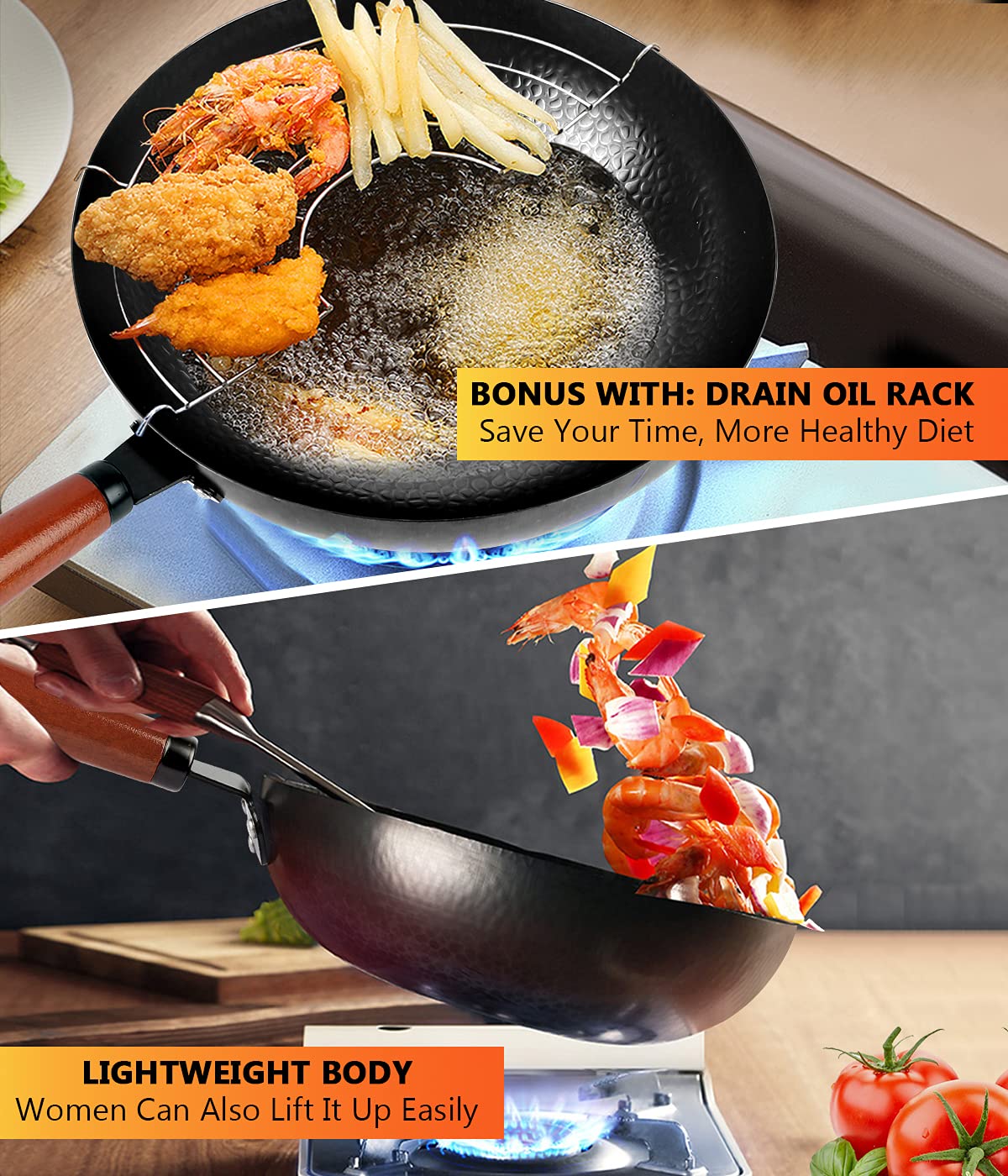 kaqinu 14 Piece Carbon Steel Wok Pan, Woks & Stir-Fry Pans Set with Wooden Lid Cookwares, No Chemical Coated Flat Bottom Chinese Pan for Induction, Electric, Gas, Halogen All Stoves - 12.6''