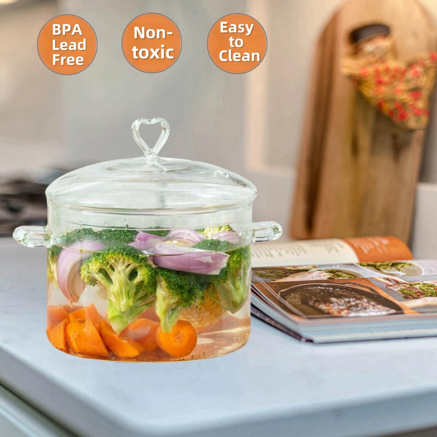 4L Glass Cooking Pot with Heart-shaped Lid, 4.2Qt/4000ml, Heat Resistant, High Thermal Conductivity Reduces Energy Use, Dishwasher Oven Gas Electric Stove Safe,for Potpourri,Soups,Pasta