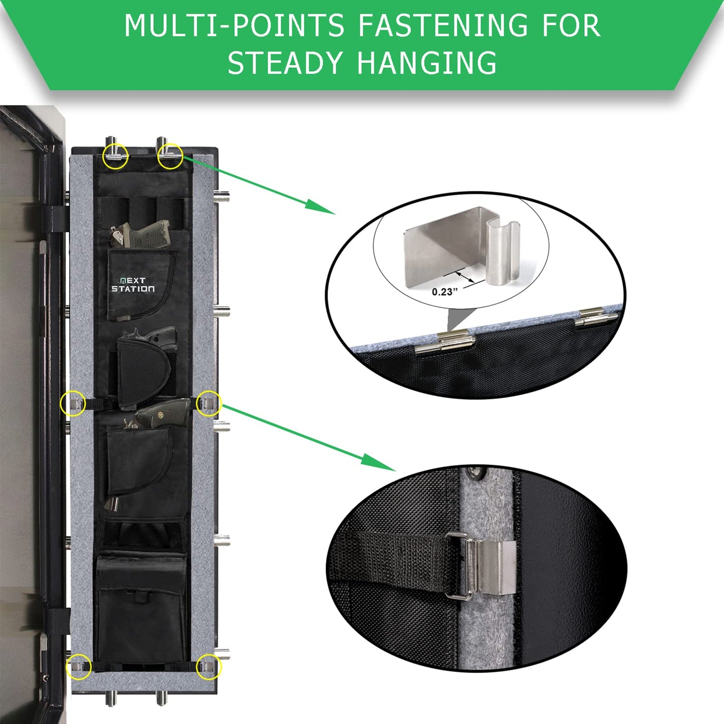NEXT STATION Gun Safe Door Organizer,Safe Door Panel Organizer with Pistol Holsters Document Pouch Adjustable Width Fit Back Panel from 9 to 14 inches, Gun Safe Accessories Storage (8.5W*45.5H inch)