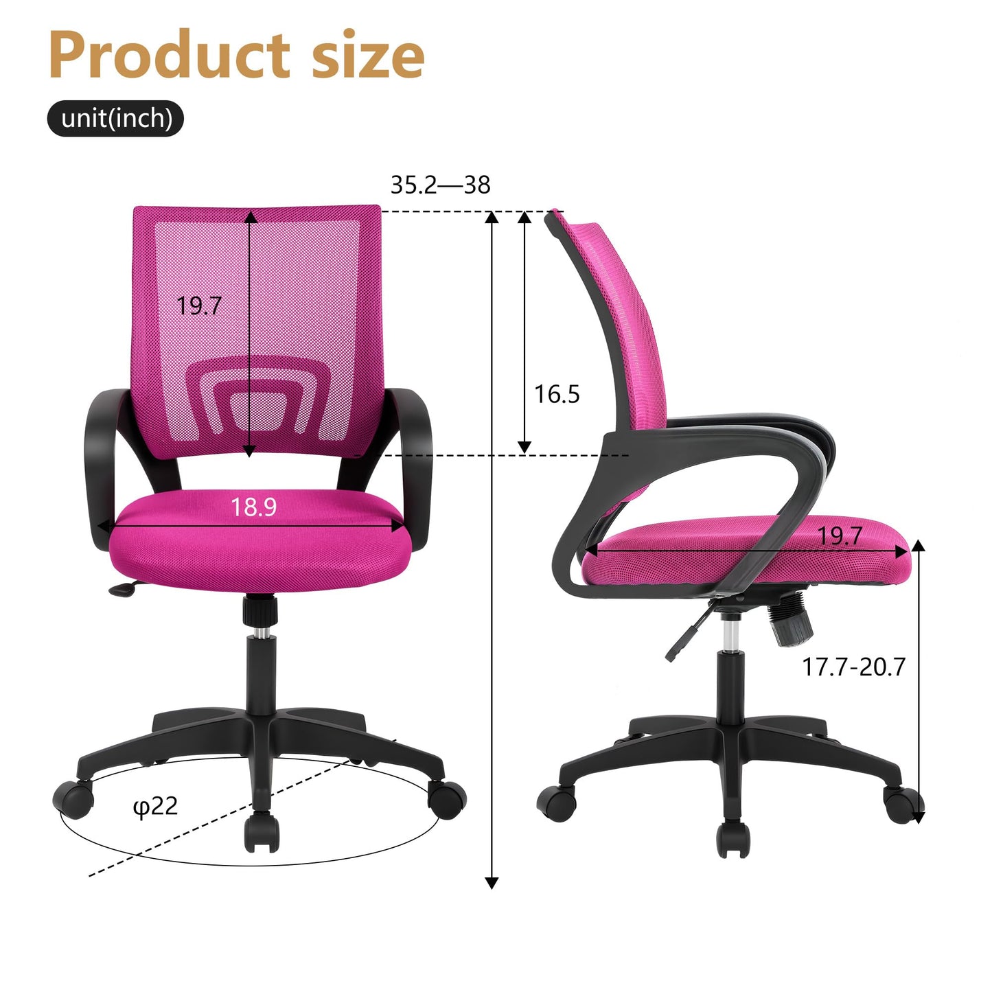 BestOffice | Ergonomic Office Chair | Mid-Back Swivel Desk Chair | Breathable Backrest & Lumbar Support | Adjustable Height | Sponge Seat | Rolling Wheels | Peach Pink | for Adults & Women