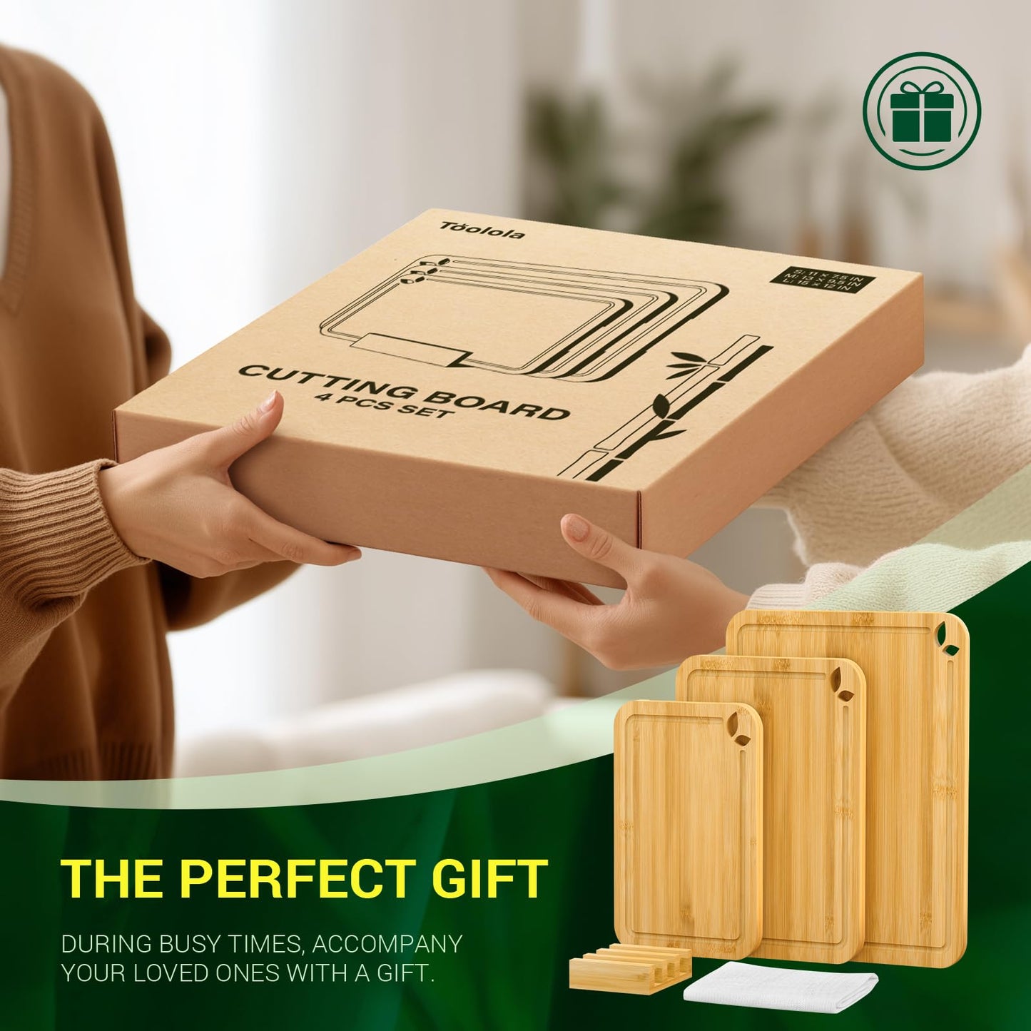 Toolola Bamboo Cutting Boards for Kitchen with Holder & Silicone Mat, Lightweight & Knife-Friendly Wood Cutting Board Set with Side Handles and Juice Grooves, Natural
