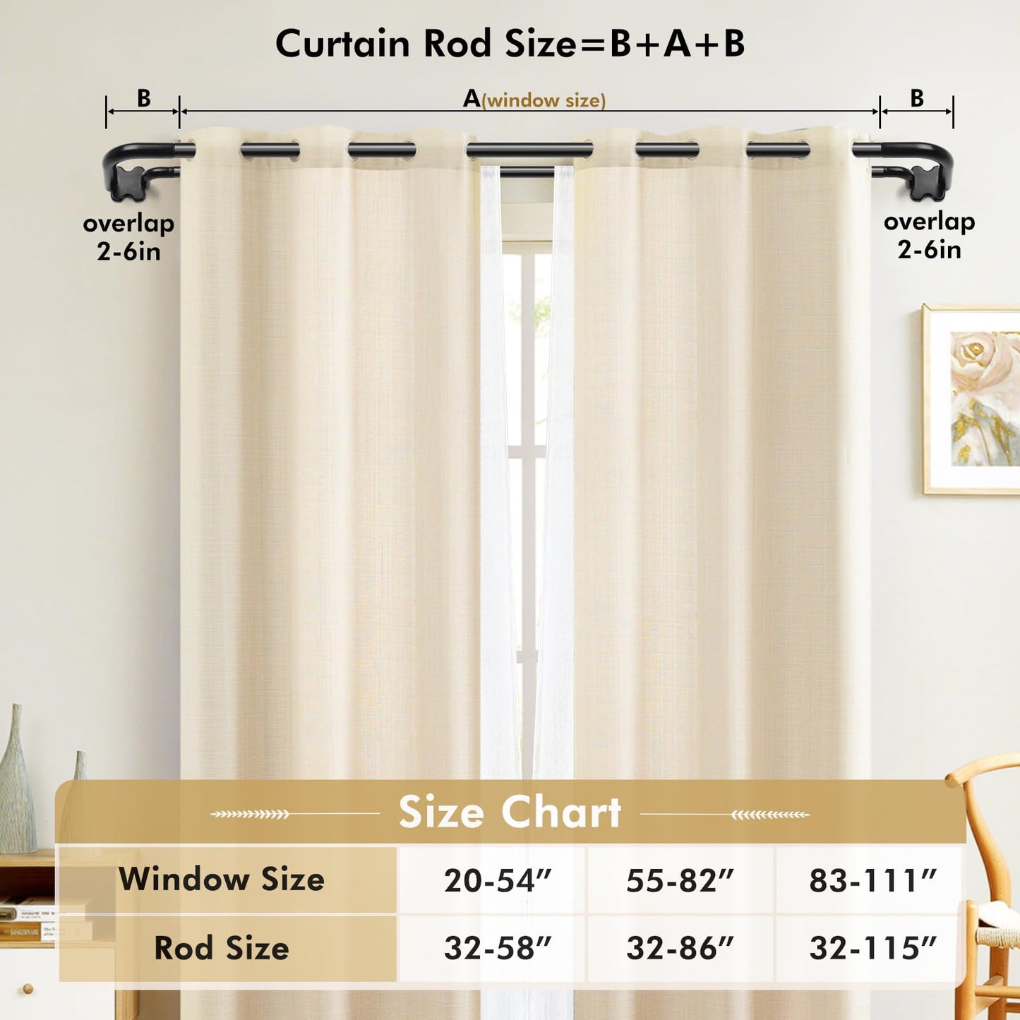 USFOOK 2 Pack Black Wrap Around Double Curtain Rods Set, Blackout Dual Curtain Rods for Windows 32 to 58 Inch, 6/8 Inch Room Darkening Curtain Rod, Decorative Drapery Rods for Home, Metal
