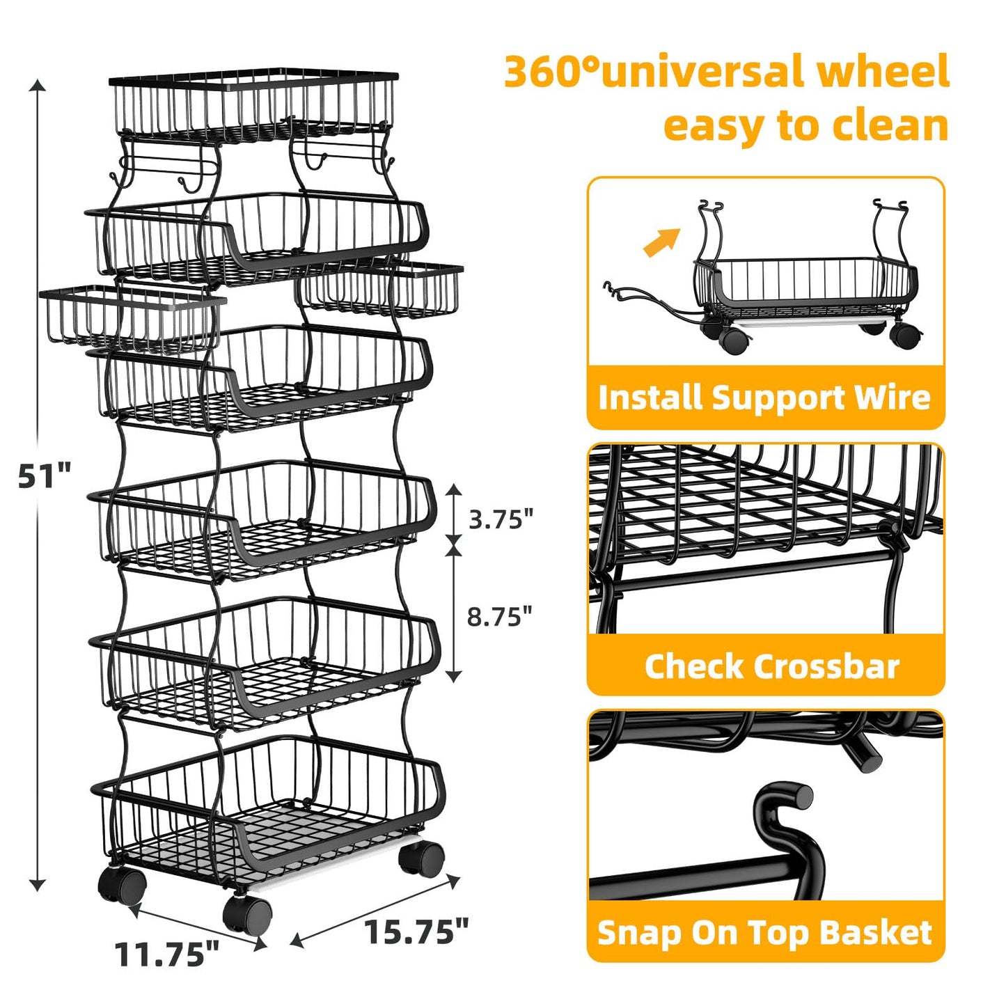 Simple Trending 6 Tier Rolling Cart, Stackable Fruit Vegetable Basket with Wheels and 2 Hanging Basket, Kitchen Storage Metal Wire Basket Stand for Vegetable Bread Snacks, Black