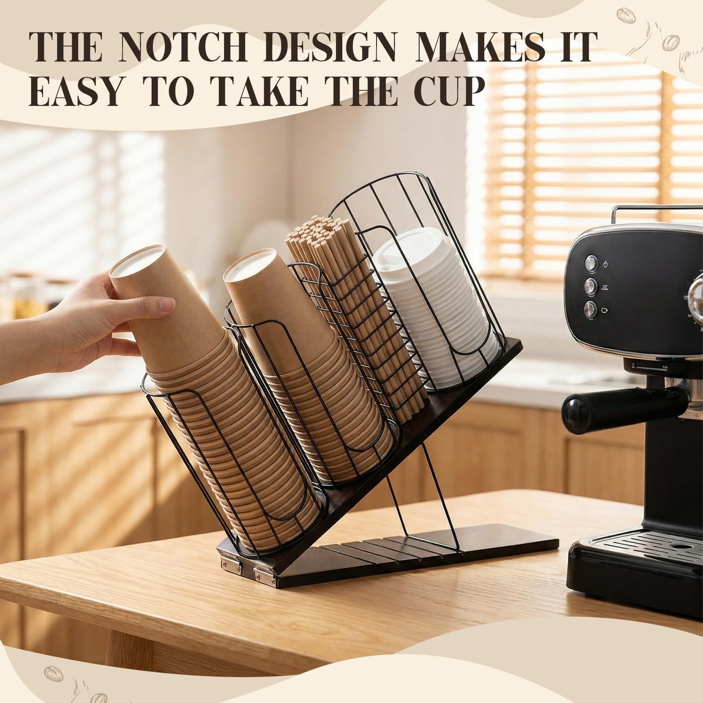 Geelin Adjustable Coffee Cup Dispenser, 4-compartment Cup and Lid Holder, Metal Holder Organizer for Storing Paper Cups, Straws, Lids and Disposable Tableware for Coffee Bar Countertop Breakroom