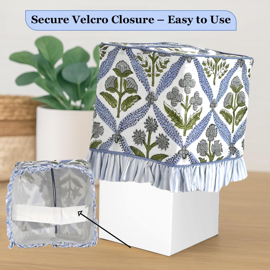 Ridhi Light Steel Blue Block Print Ruffle Tissue Box Cover Handmade Cotton Decorative Square Napkin Holder for Home Bedroom Living Room Bathroom Vanity Countertop Car Office Kitchen