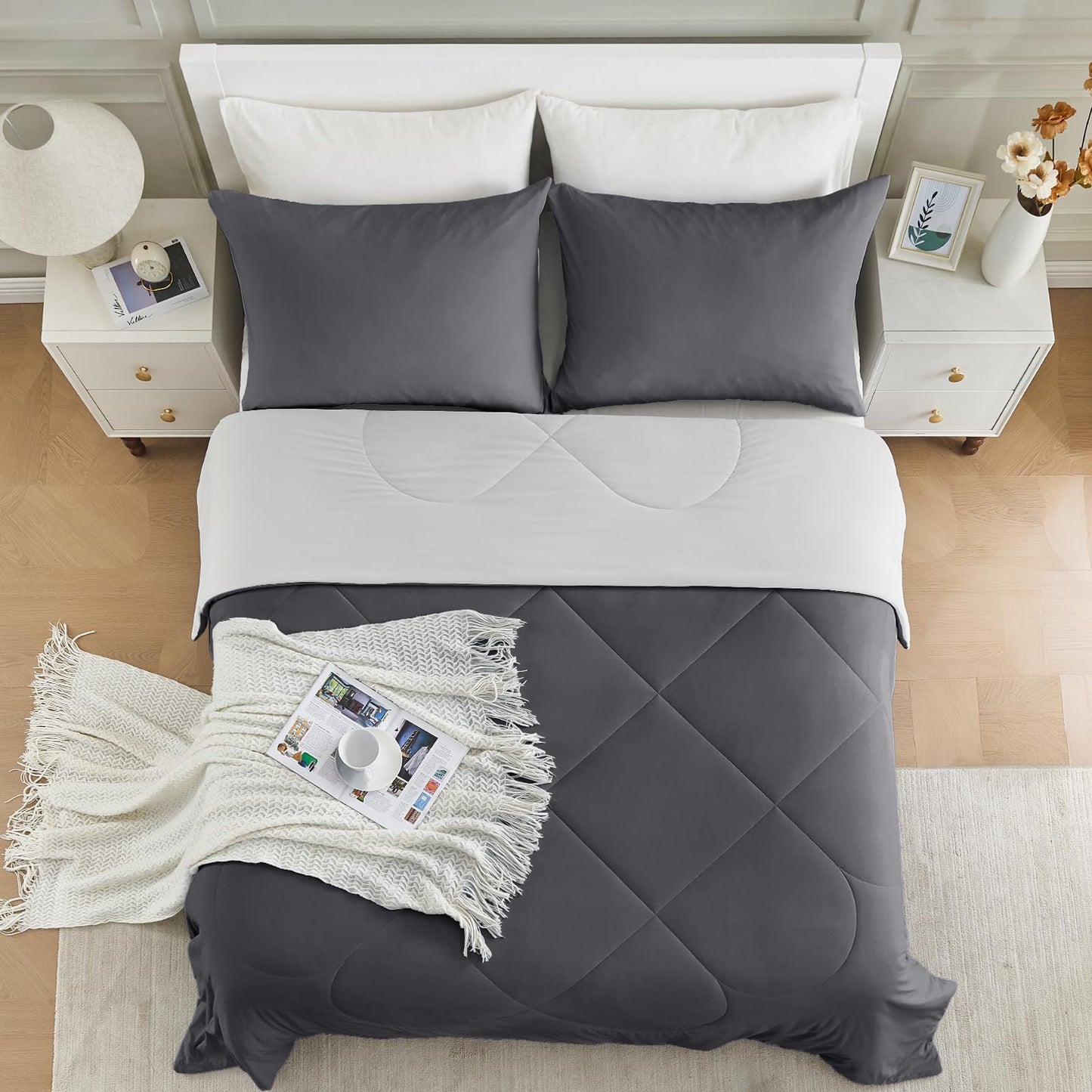 HOMFINE Cooling Comforter Japanese Double-Sided Cold Tech Fabric Cooling Blanket for Night Sweats Hot Sleepers, Q-Max 0.45 Soft Breathable Silky Smooth Lightweight Grey Summer Comforter Queen