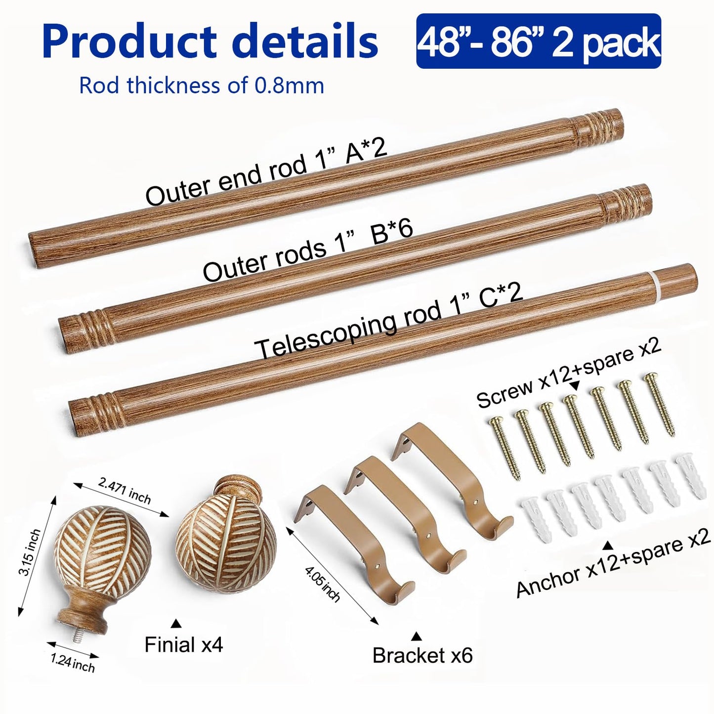 Wood Curtain Rods for Windows: 1 Inch Diameter Adjustable Drapery Rods 48" to 86", 2 Pack Heavy Duty Window Rod with Imitation Wood Grain Leaf Pattern Finials