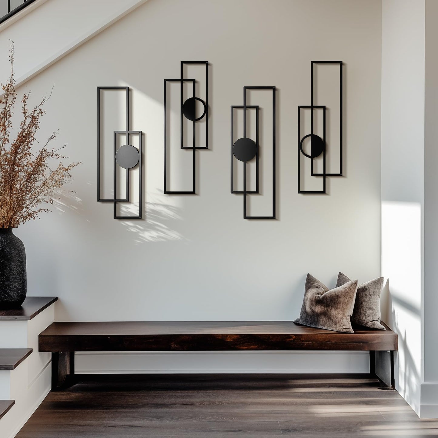 Abstract Black Metal Wall Art Set of 4, Large Modern Geometric Wall Decor with 3D Layered Design for Living Room, Bedroom, Bathroom, Hallway, Minimalist Wall Sculptures