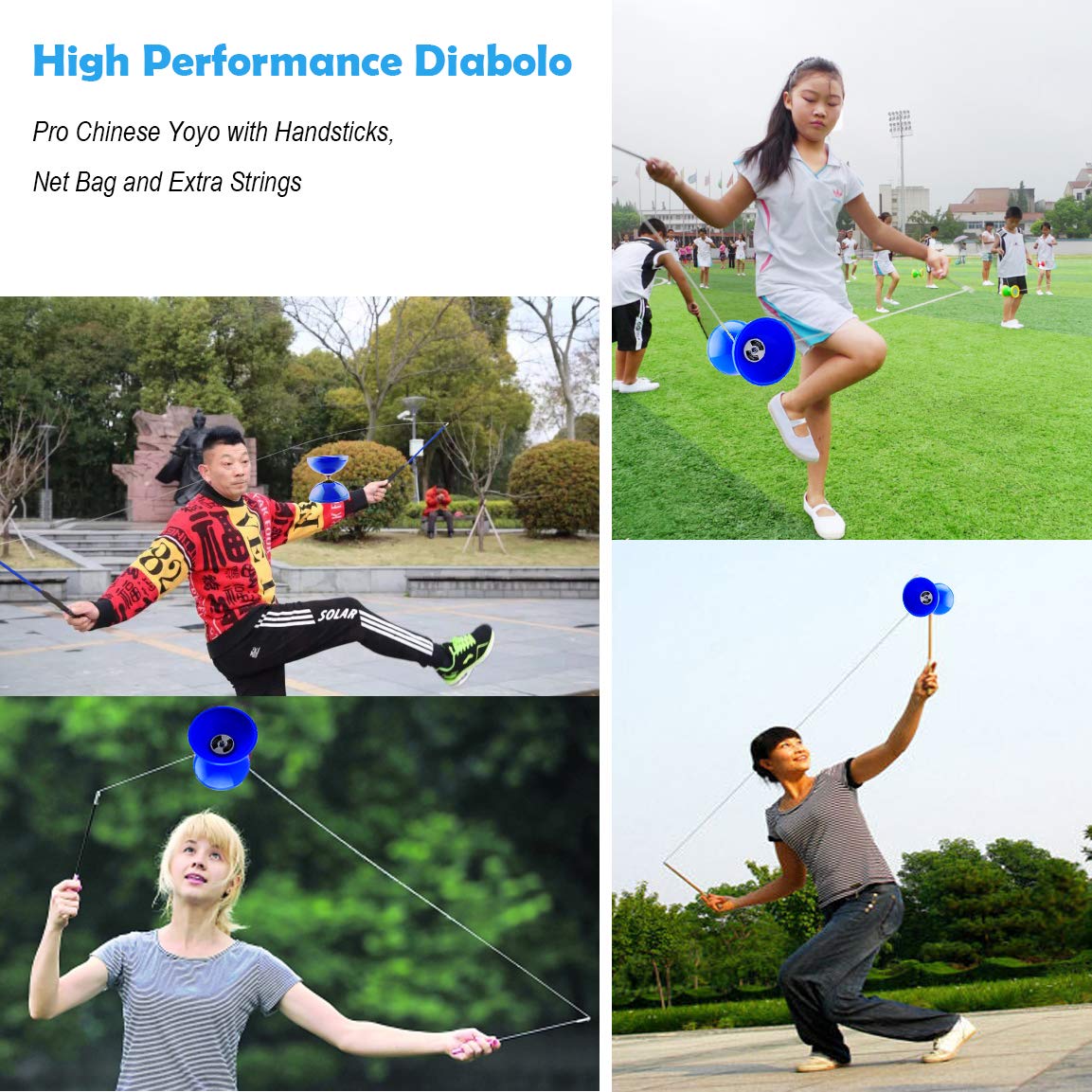 MAGICYOYO Pro Triple Bearing Diabolo Medium Size 5” Blue Chinese Yoyo Toy with 2 Pair Carbon Sticks+ 2 Extra Strings +1 Net Bag, High Performance Chinese Yoyo Diabolo Skill Toy