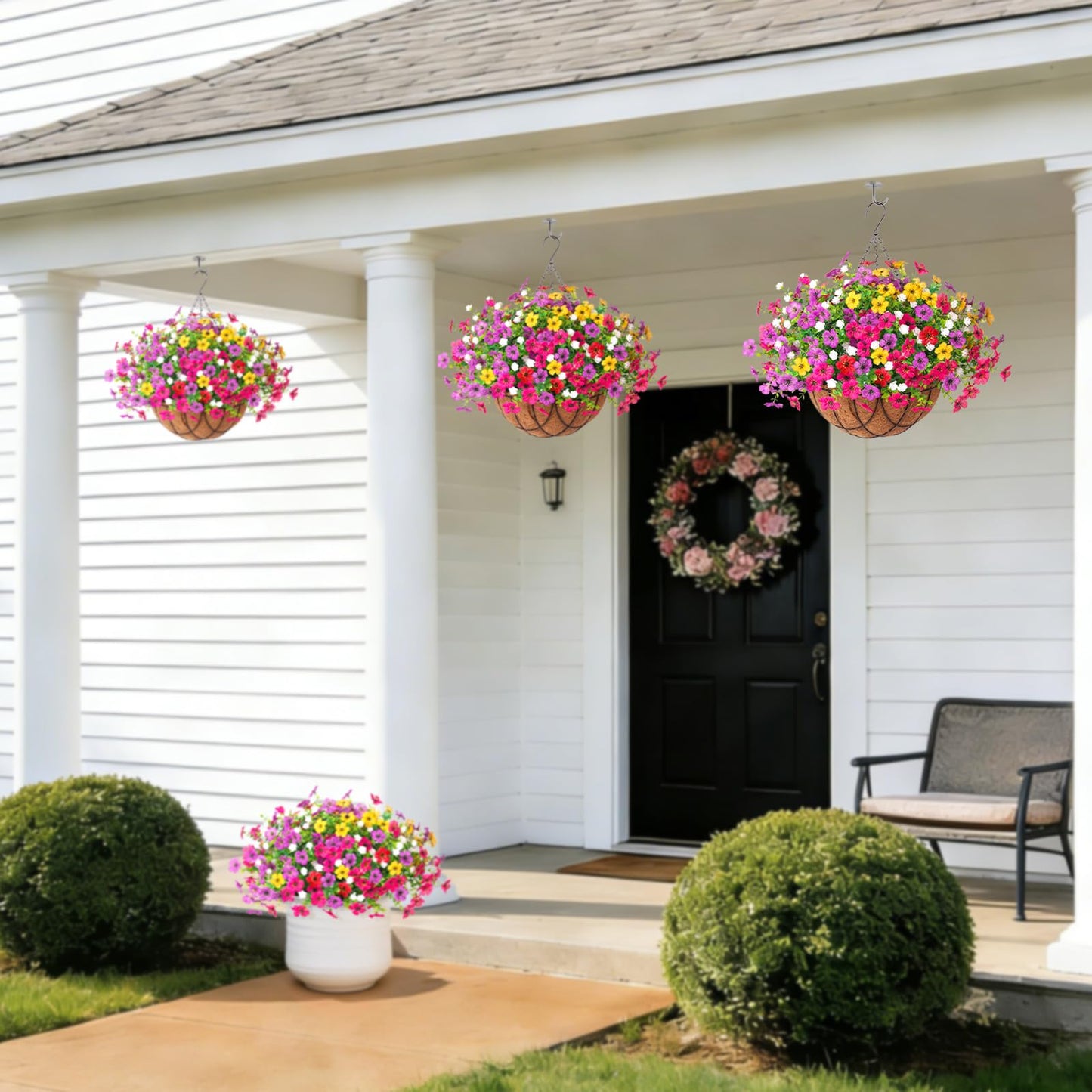 INXUGAO Artificial Silk Flowers Hanging Baskets Outdoors Indoors, Daisy with Eucalyptus Leaves Arrangement for Garden Yard Spring Summer Decor Faux Green Plant Metal Coconut Lining